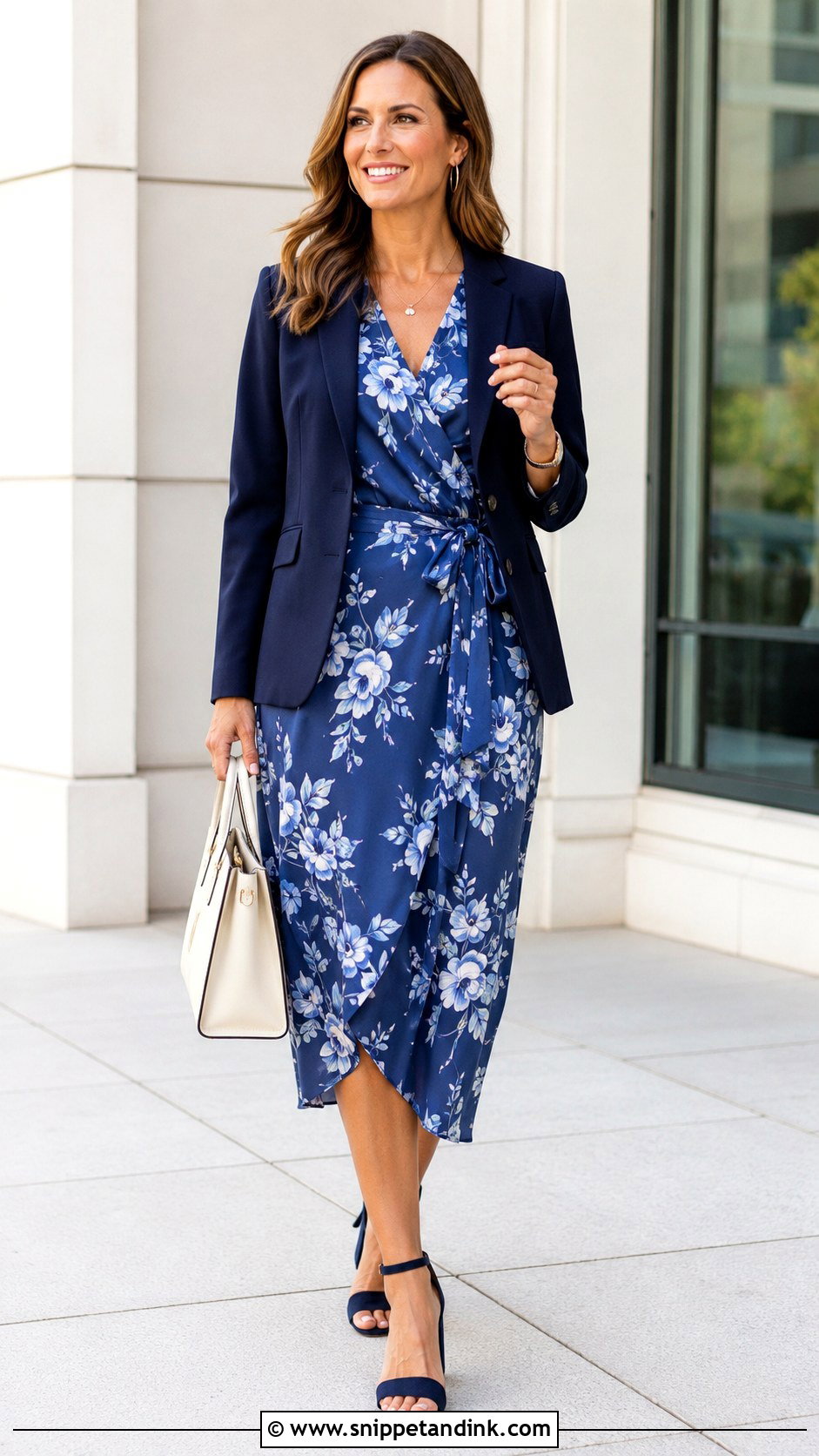 Blue Floral Wrap Dress With Block Heels - Snippet and Ink - 20 Dresses Flowers