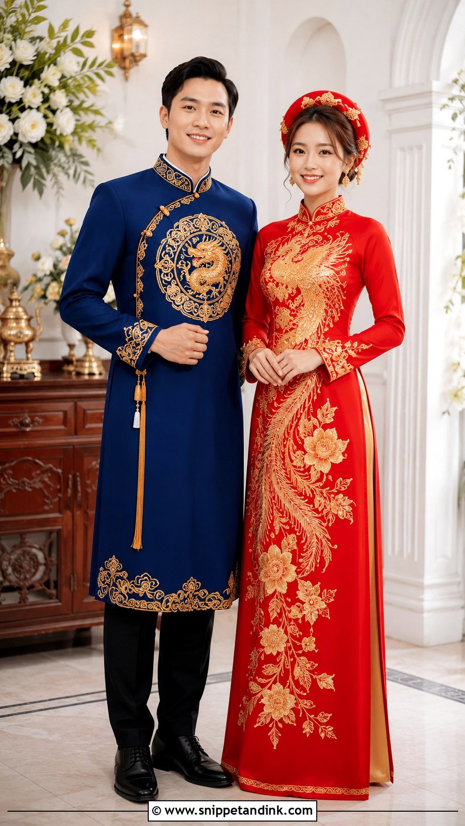Blue Groom Ao Dai With Bride Red Ao Dai - Snippet and Ink - 25 Wedding Ao Dai Ideas