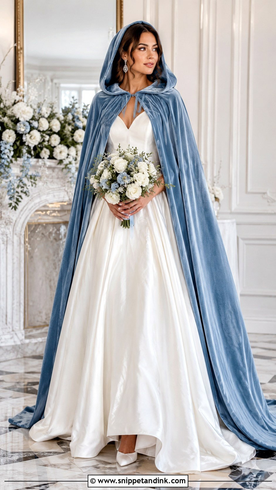 Blue Hooded Wedding Cape With White Ball Gown - Snippet and Ink - 20 Wedding Cape with Hood Ideas