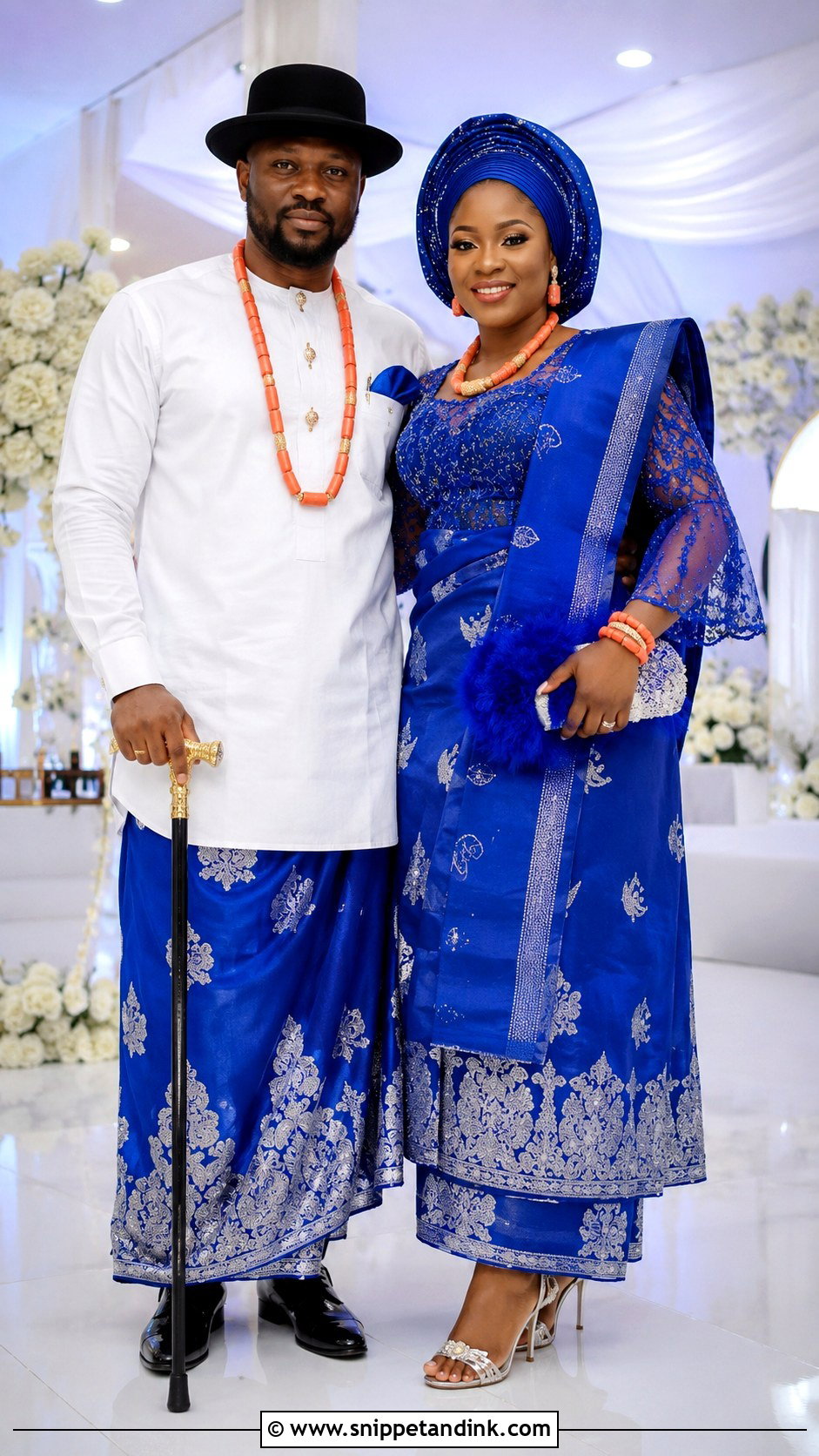 Blue Isoko Bride And White Groom Outfit - Snippet and Ink - 20 Isoko Traditional Wedding Attire Ideas