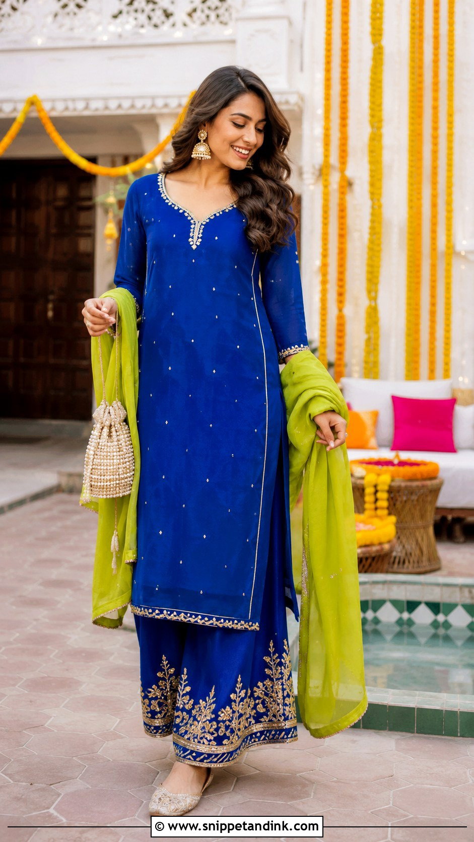 Blue Kurta With Embroidered Palazzo Pants For Mehndi Night - Snippet and Ink - 20 Mehndi Night Outfit Ideas
