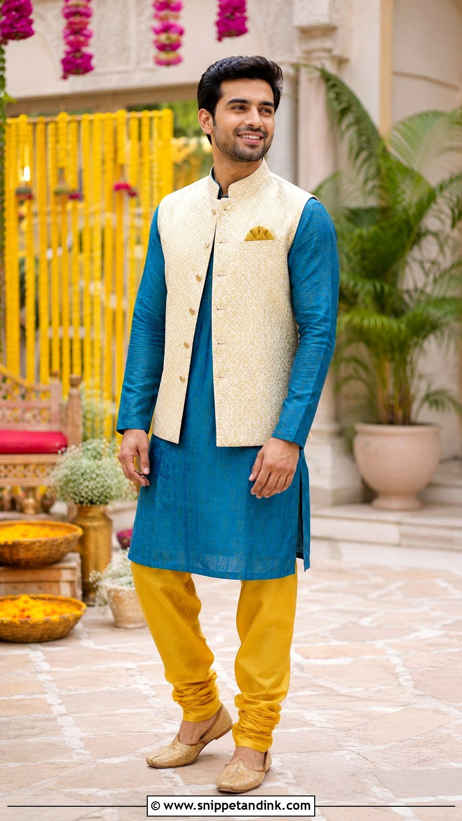 Blue Kurta With Yellow Pants Outfit - Snippet and Ink - 25 Ranbir Kapoor Wedding Outfit Ideas