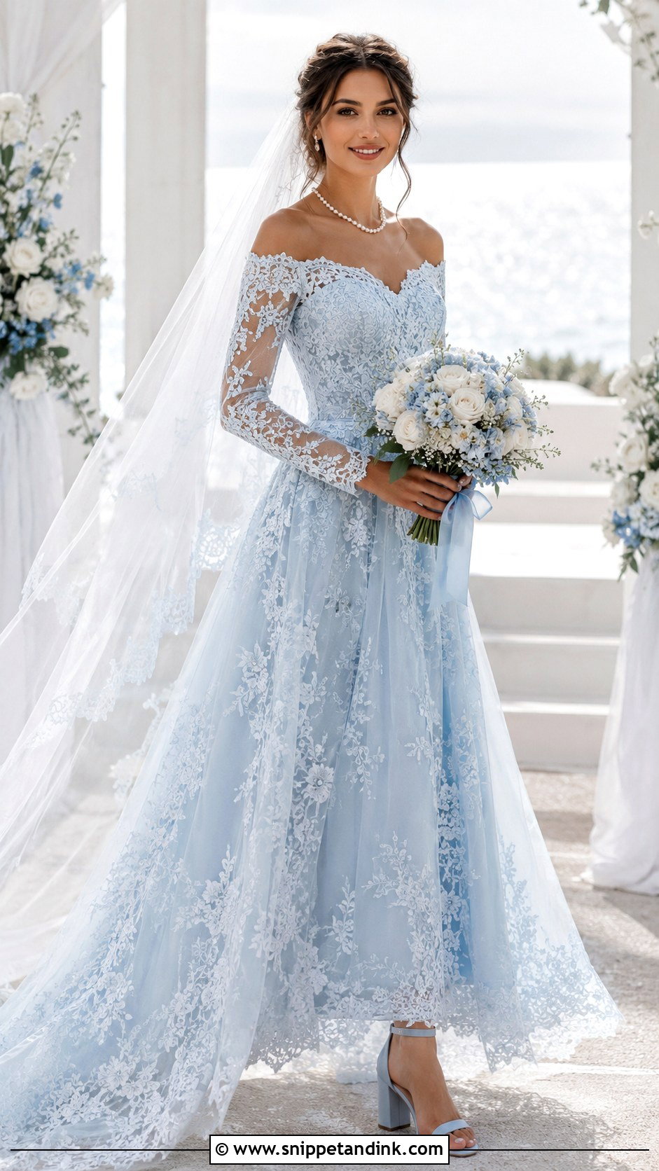 Blue Lace Off Shoulder Wedding Dress - Snippet and Ink - 20 Blue Lace Wedding Dress Ideas
