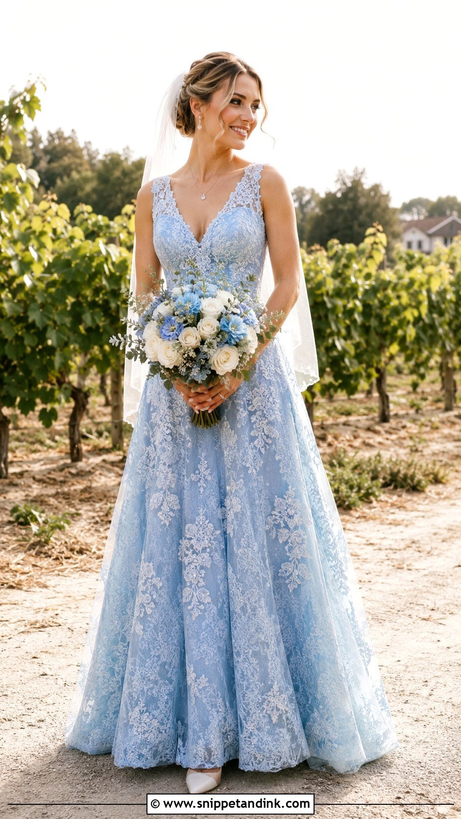Blue Lace V Neck Wedding Dress - Snippet and Ink - 20 Blue Lace Wedding Dress Ideas