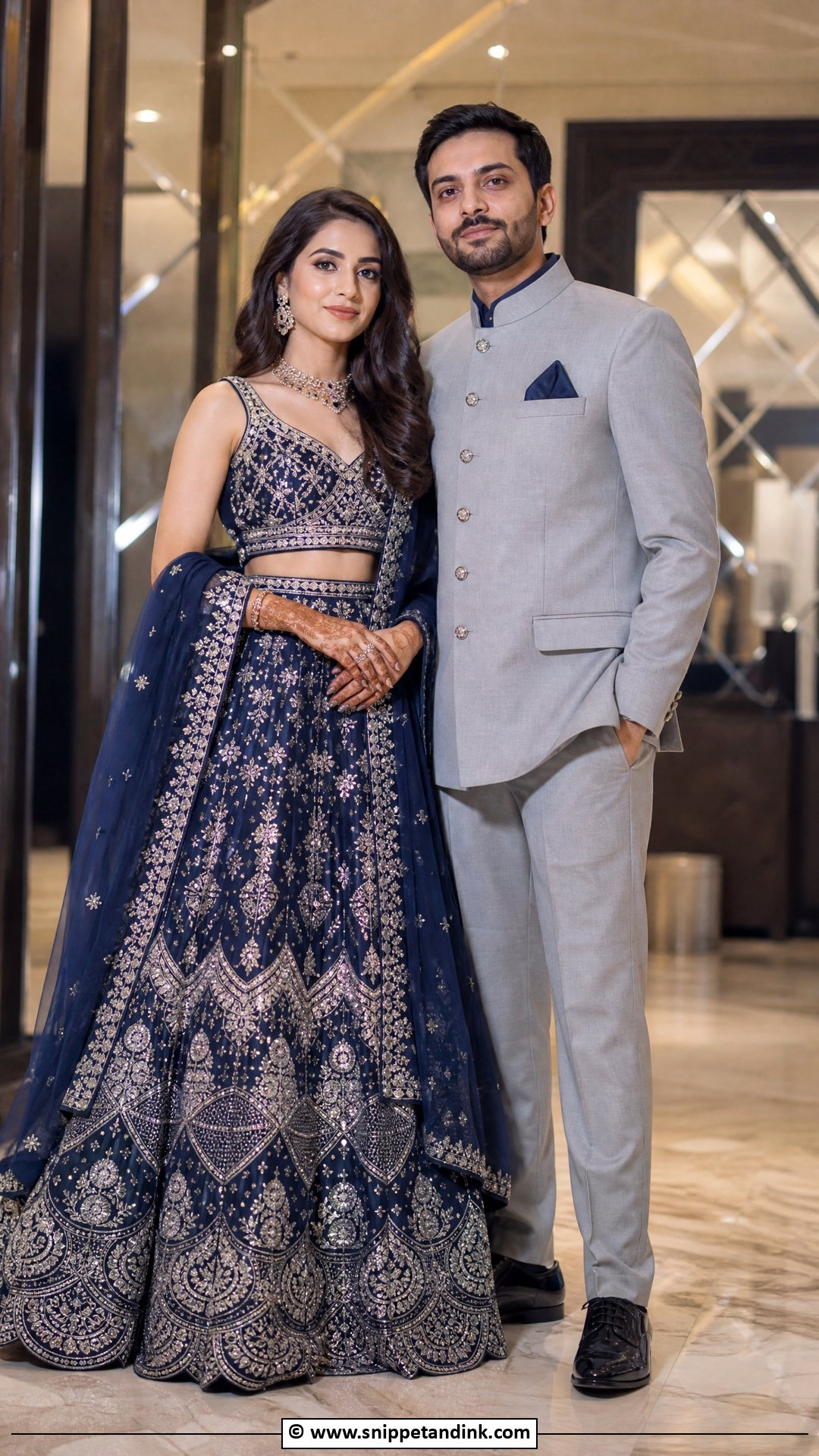 Blue Lehenga And Grey Bandhgala - Snippet and Ink - 35 Indian Couple Matching Dress Ideas