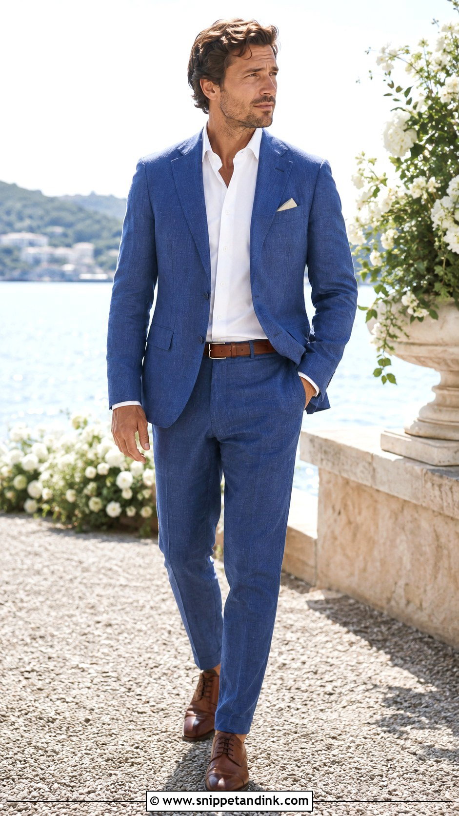 Blue Linen Wedding Suit With Brown Shoes - Snippet and Ink - 25 Linen Wedding Suit Ideas