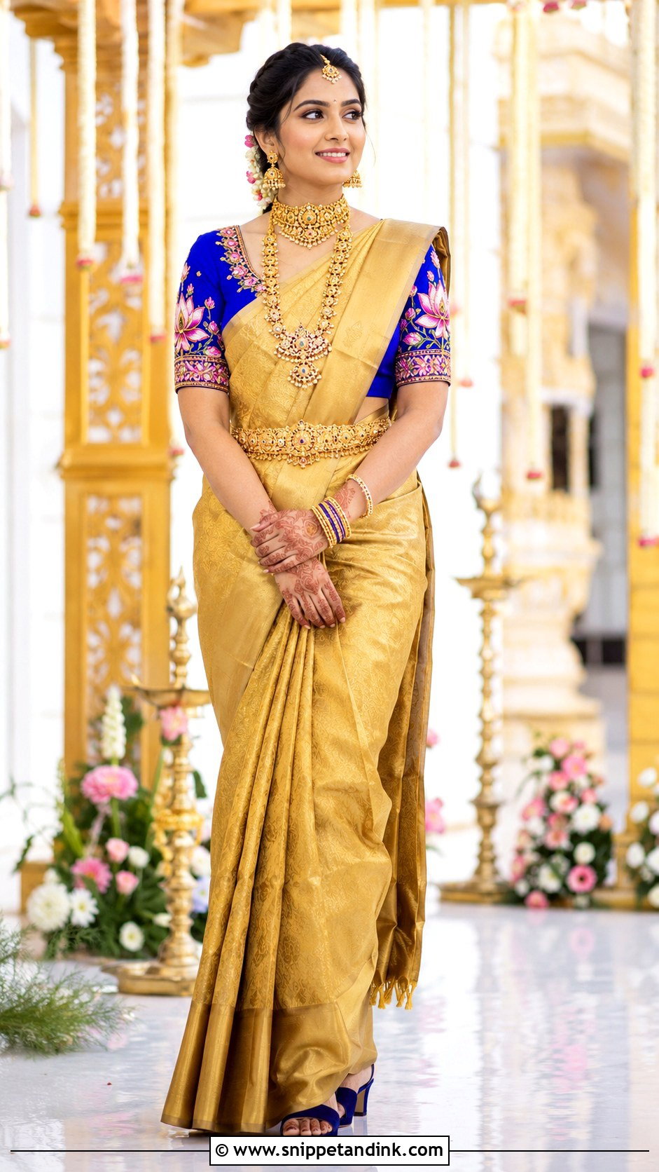 Blue Lotus Maggam Work Blouse With Gold Saree - Snippet and Ink - 20 Maggam Work Blouse Designs Bridal Indian Weddings