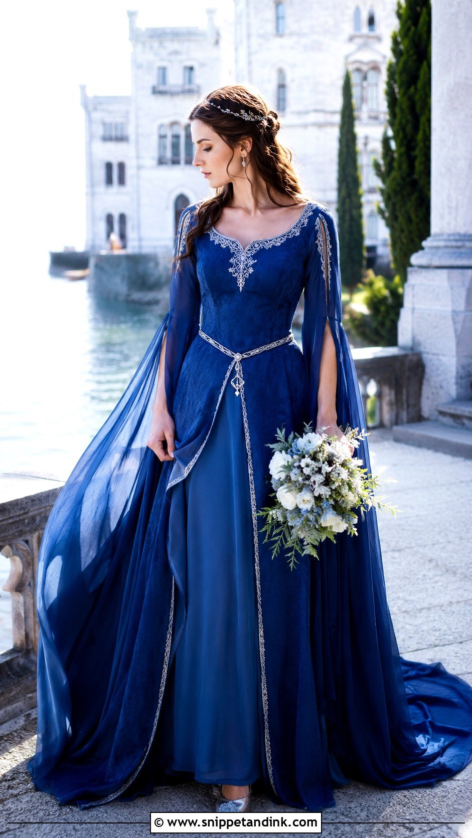 Blue Medieval Wedding Dress With Silver Details - Snippet and Ink - 20 Medieval Style Wedding Dress Ideas