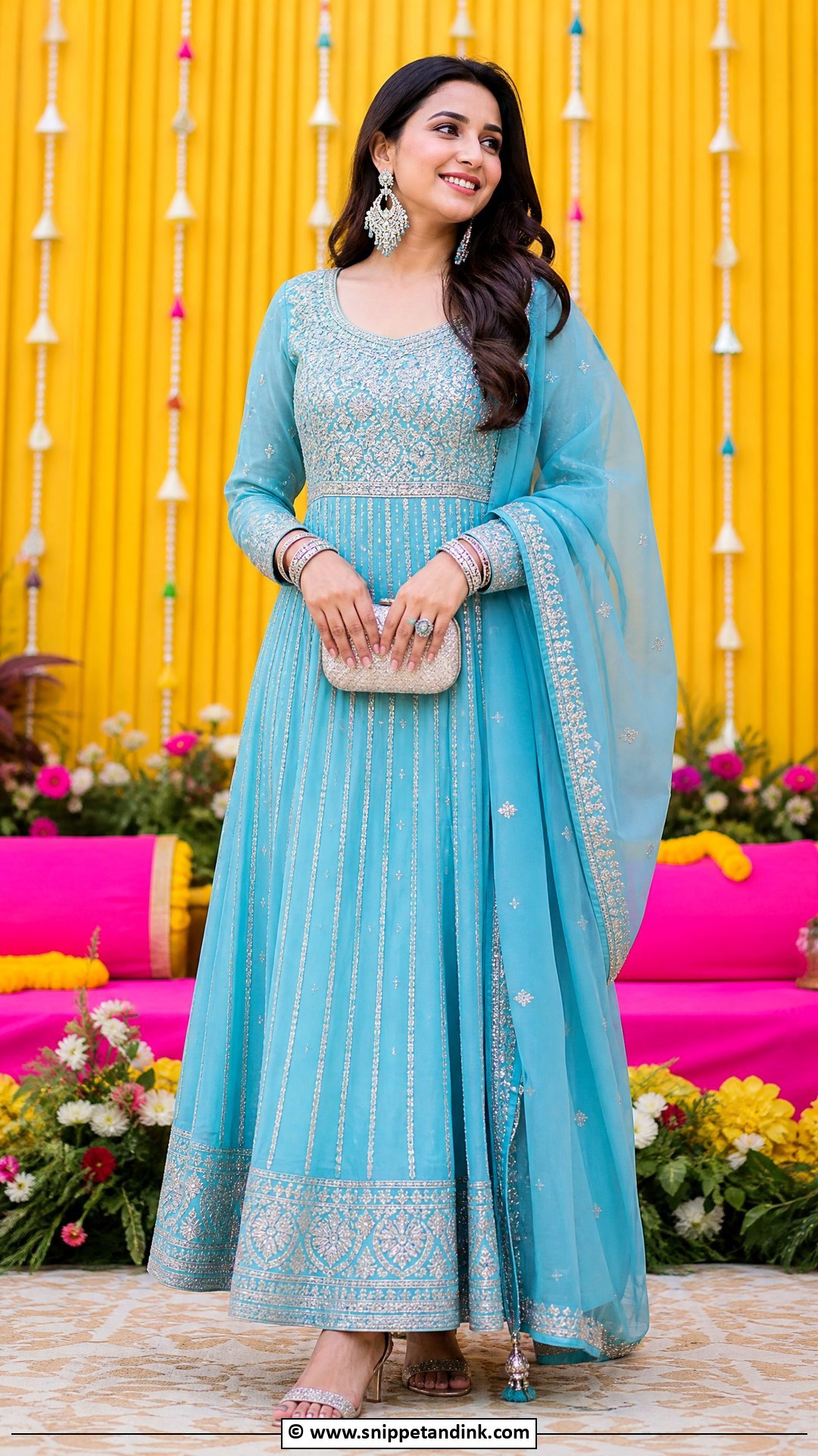 Blue Mehndi Anarkali With Silver Jewelry - Snippet and Ink - 35 Mehndi Dresses