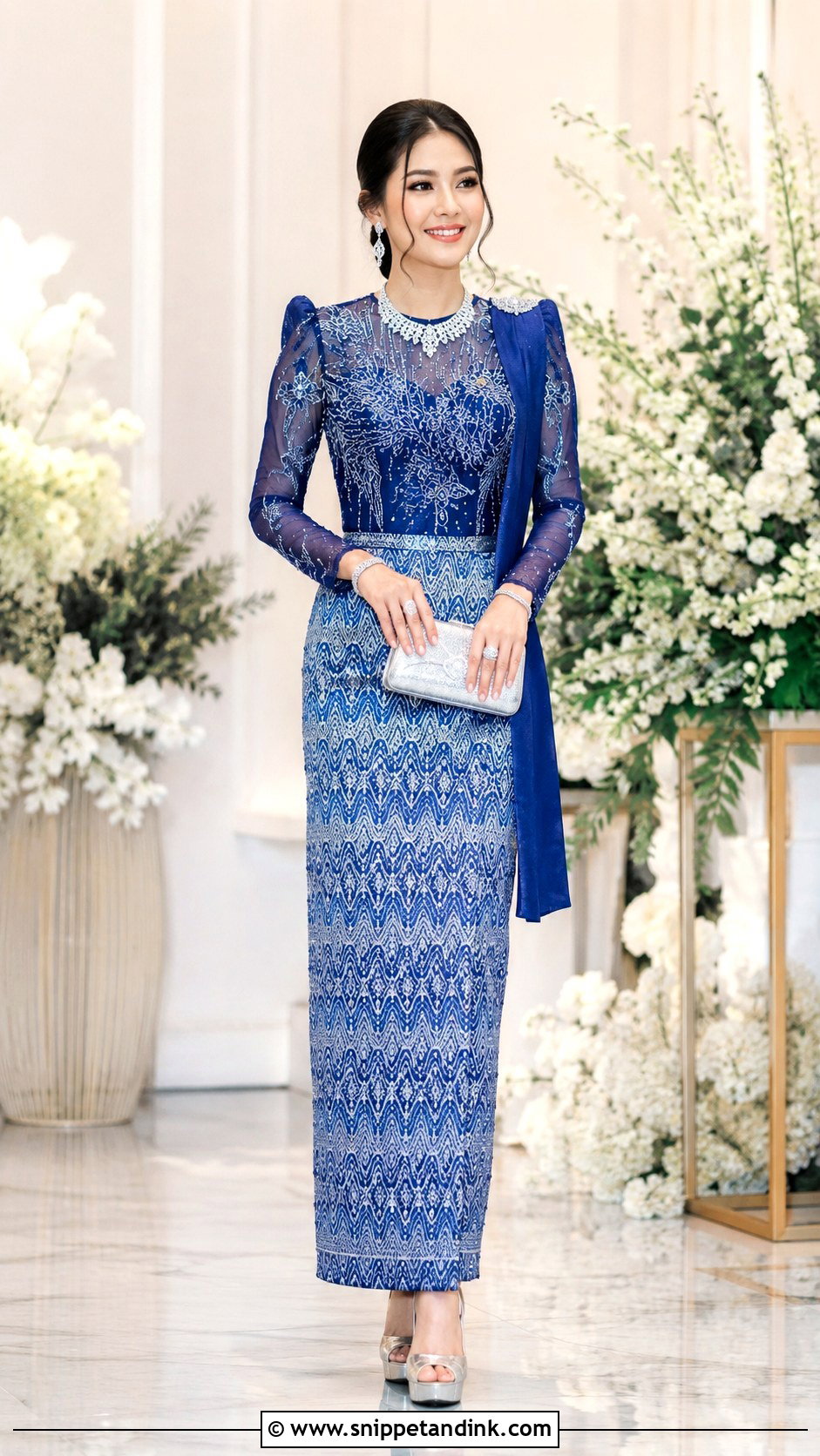 Blue Myanmar Wedding Dress With Acheik Pattern - Snippet and Ink - 25 Myanmar Traditional Wedding Dress Ideas
