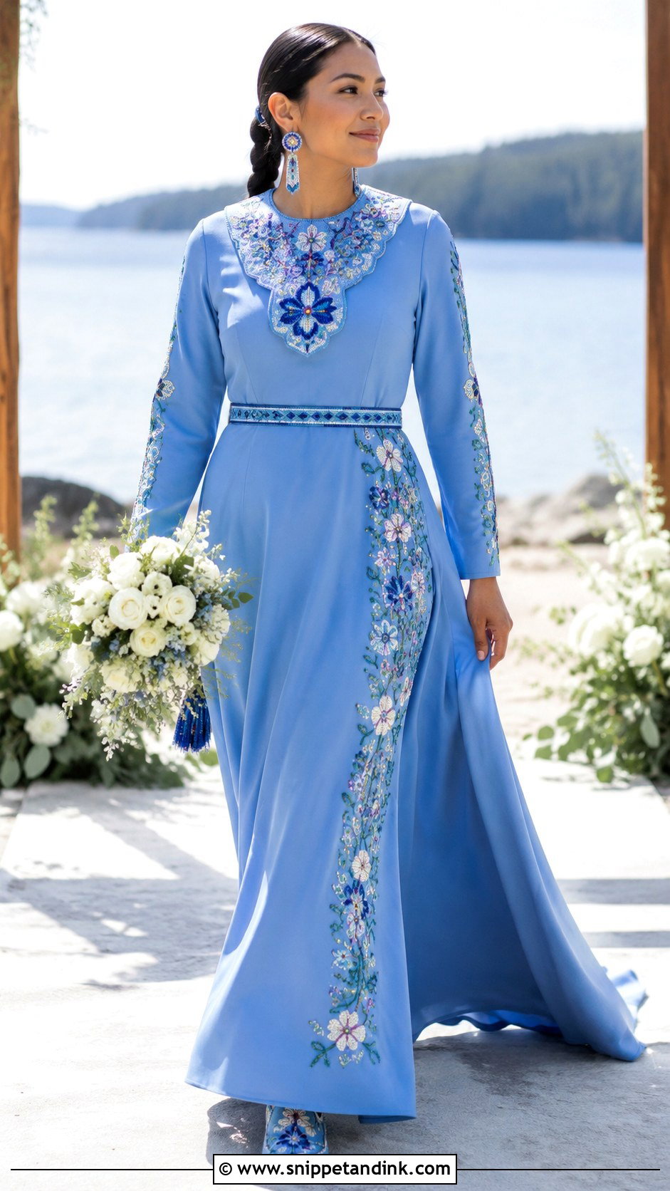 Blue Native Wedding Dress With Floral Beadwork - Snippet and Ink - 20 Native Wedding Dress Ideas