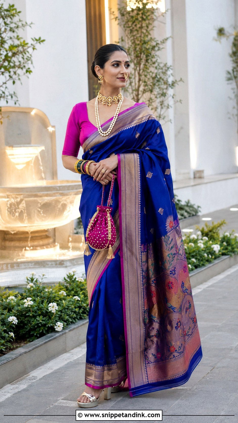 Blue Paithani Saree With Magenta Blouse - Snippet and Ink - 20 Maharatrian Wedding Outfit Ideas