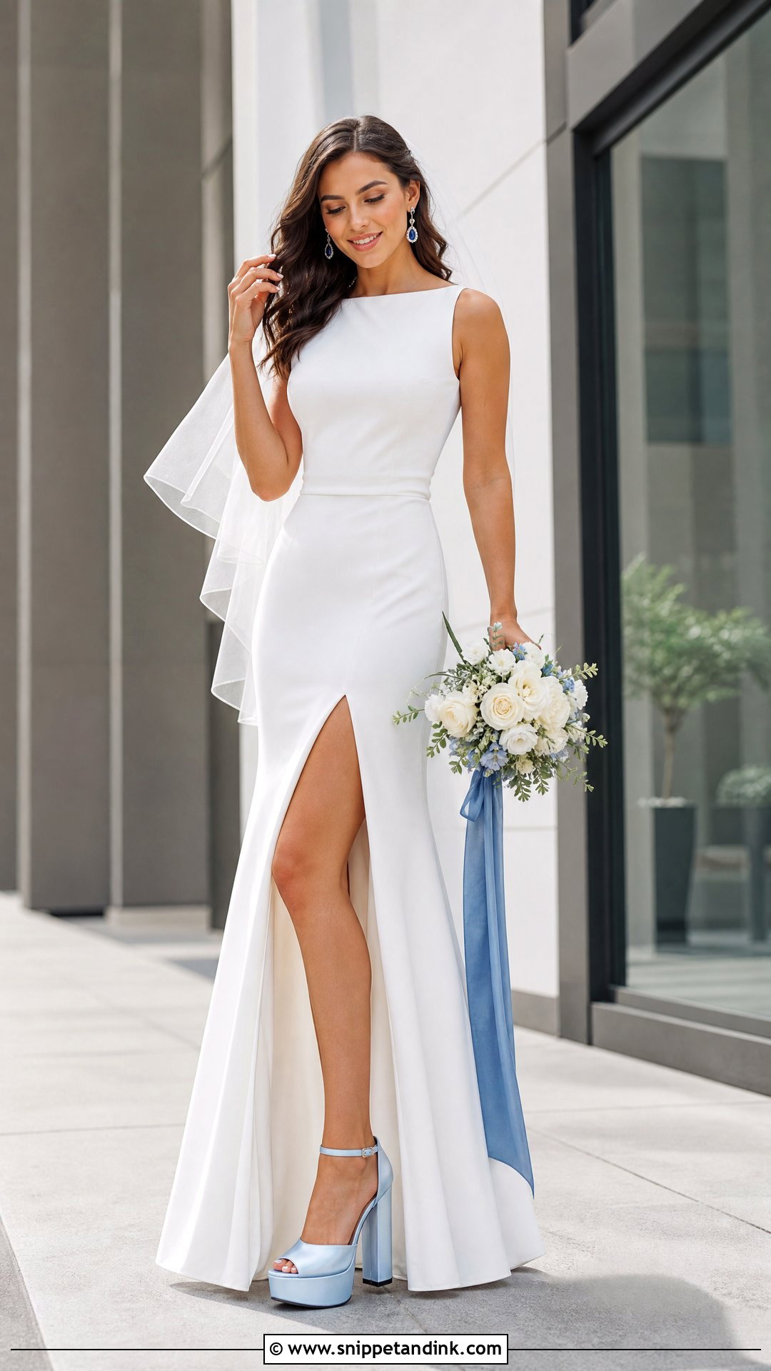 Blue Platform Wedding Heels With Simple Crepe Gown - Snippet and Ink - 20 Platform Wedding Heels Ideas
