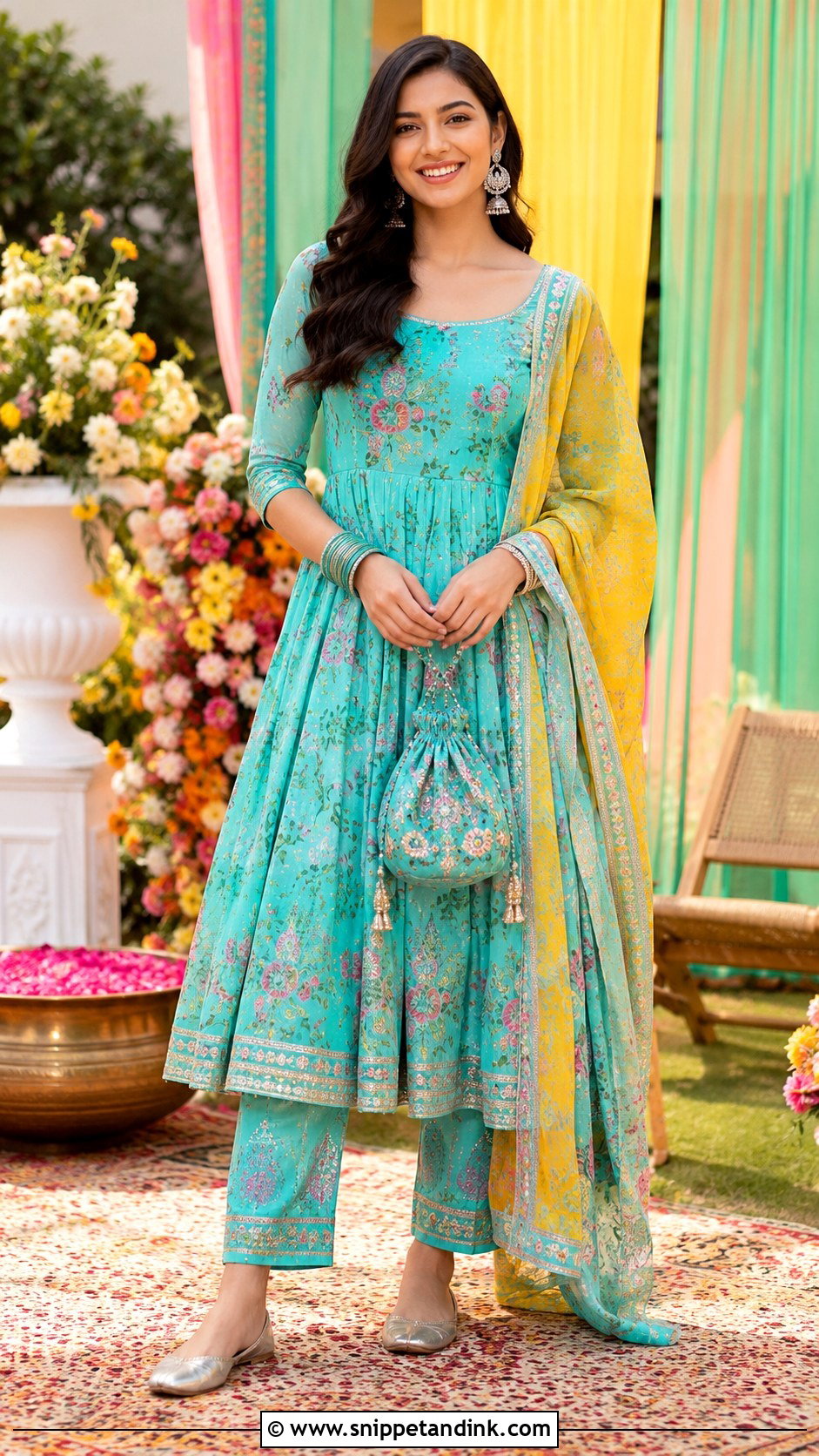 Blue Printed Anarkali Mehendi Outfit - Snippet and Ink - 20 Mehendi Ceremony Outfit Ideas