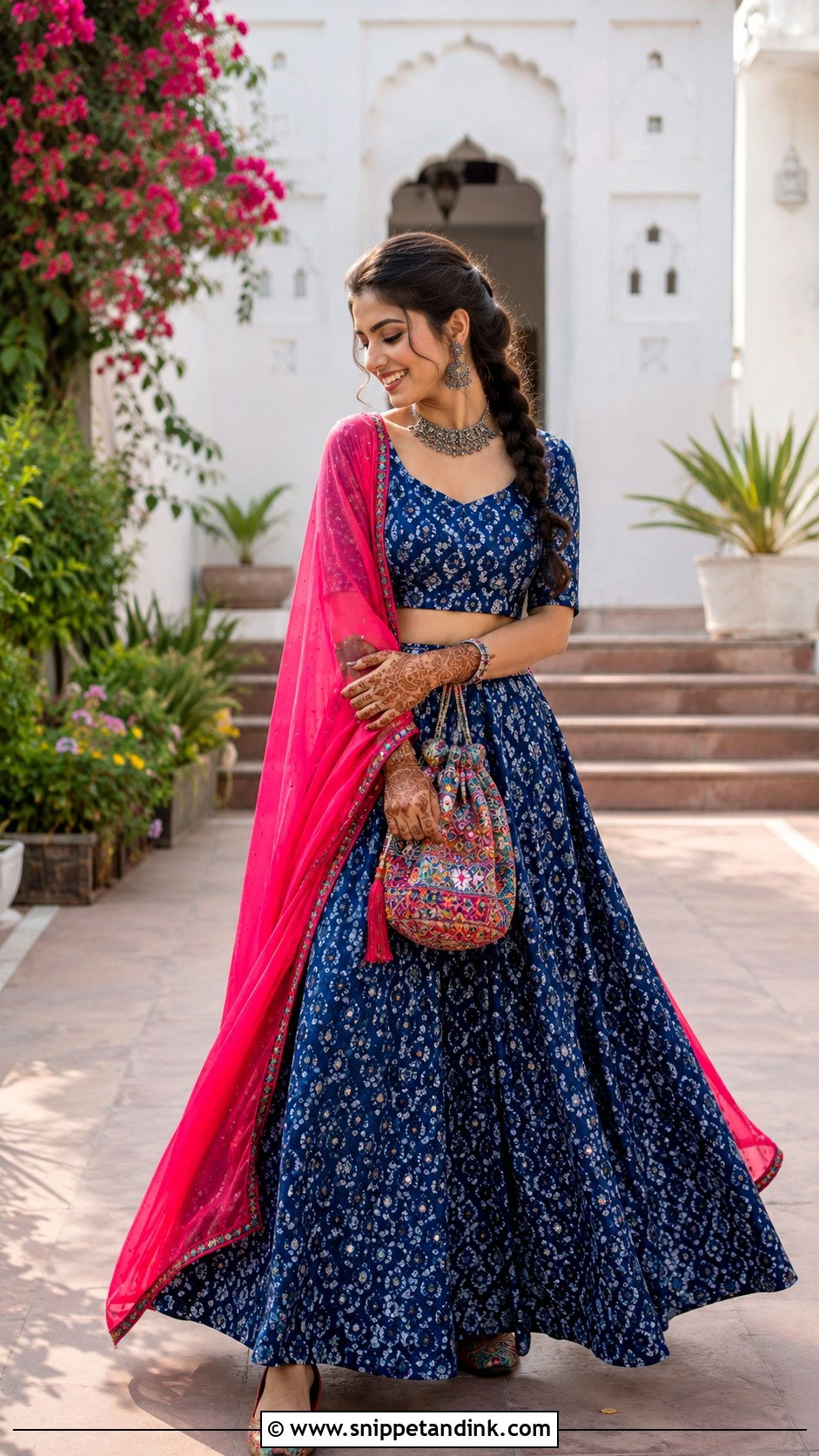 Blue Printed Lehenga Mehandi Outfit - Snippet and Ink - 20 Mehandi Outfits for Bride