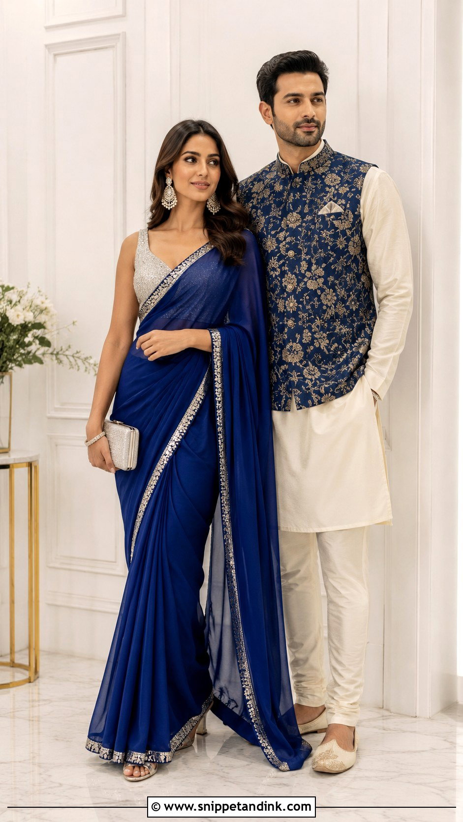 Blue Saree And Ivory Kurta Desi Couple Outfit - Snippet and Ink - 20 Desi Couple Outfits