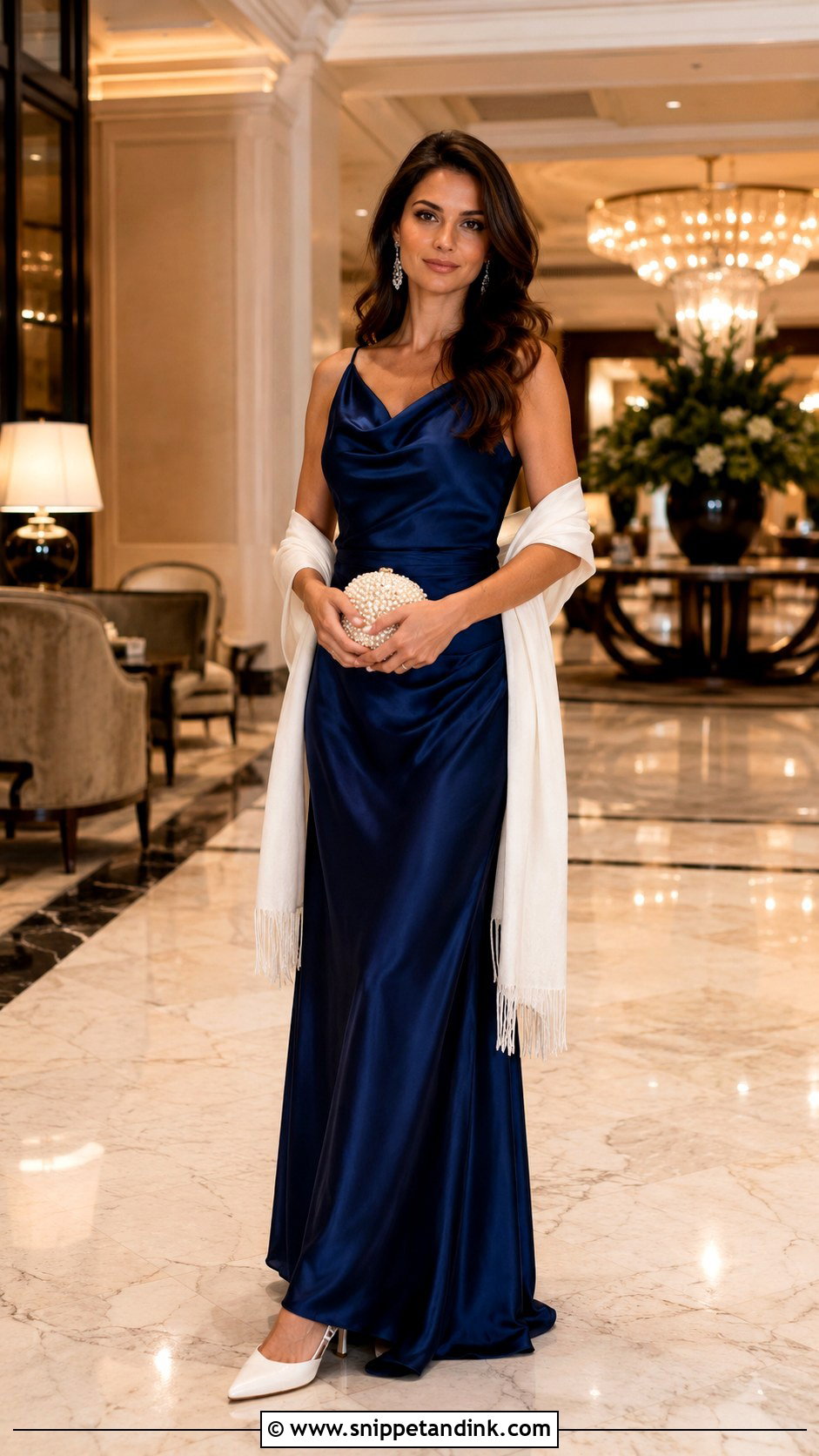 Blue Satin Gown With White Shawl - Snippet and Ink - 20 Blue and White Gown Ideas