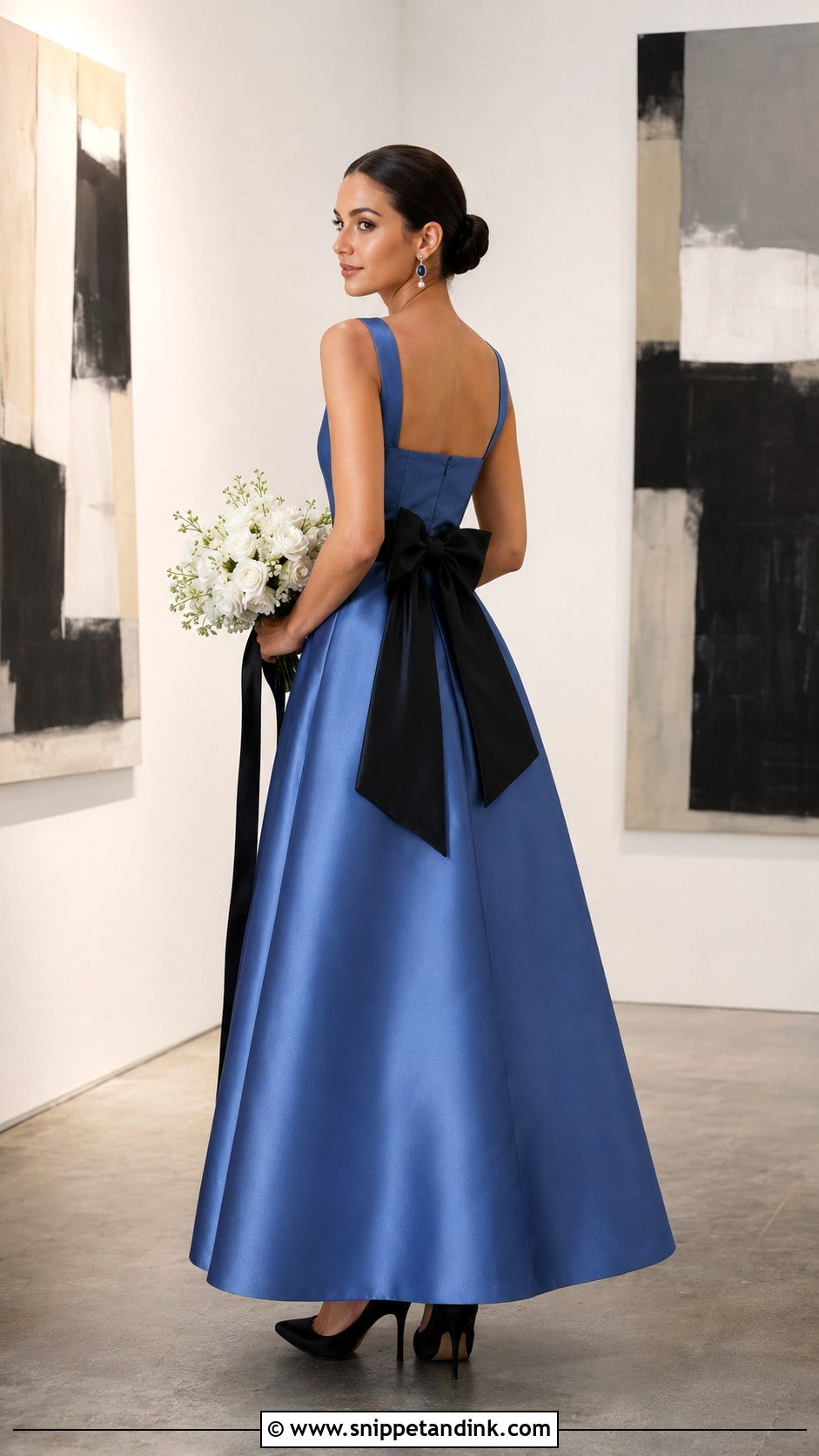 Blue Satin Wedding Dress With Black Bow - Snippet and Ink - 20 Black and Blue Wedding Dress Ideas