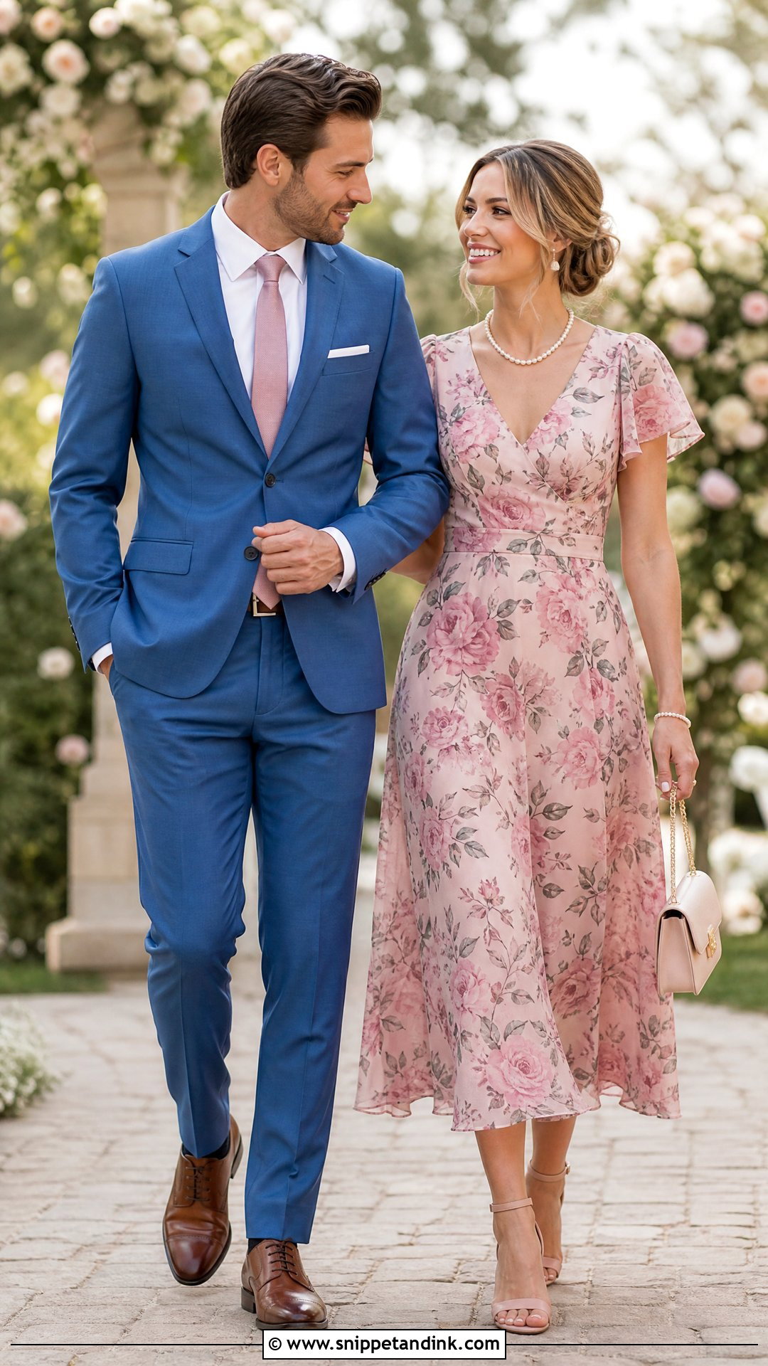 Blue Suit And Pink Floral Dress Wedding Outfit - Snippet and Ink - 20 Wedding Date Outfit Couple Ideas