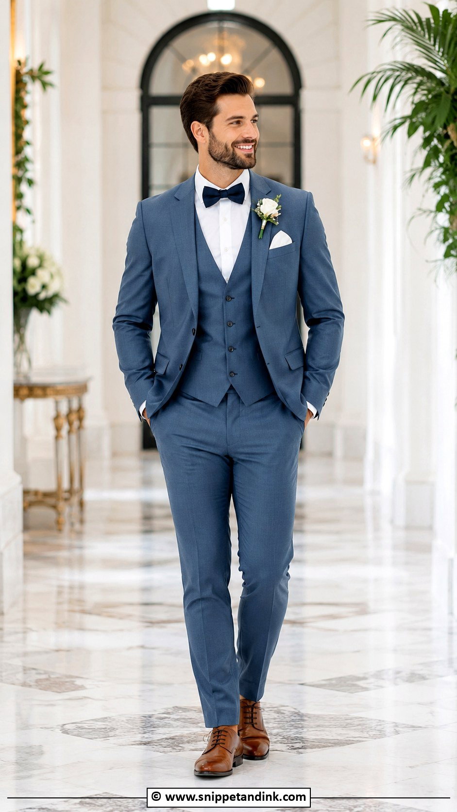 Blue Suit With Bow Tie And Vest - Snippet and Ink - 30 Blue Suit Wedding Ideas