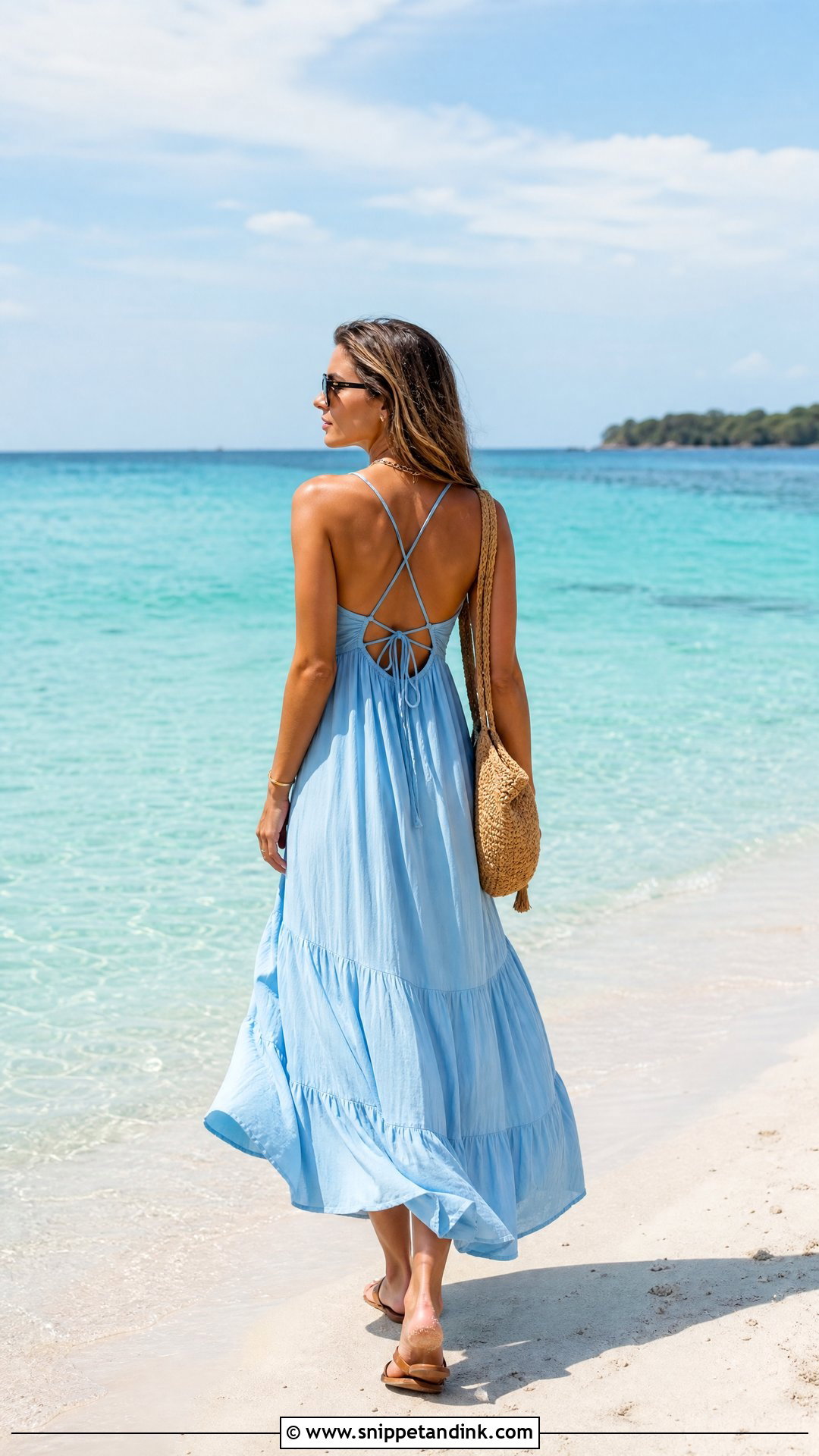 Blue Sundress Looking Back At Ocean - Snippet and Ink - 25 Beach Poses with Dress Ideas