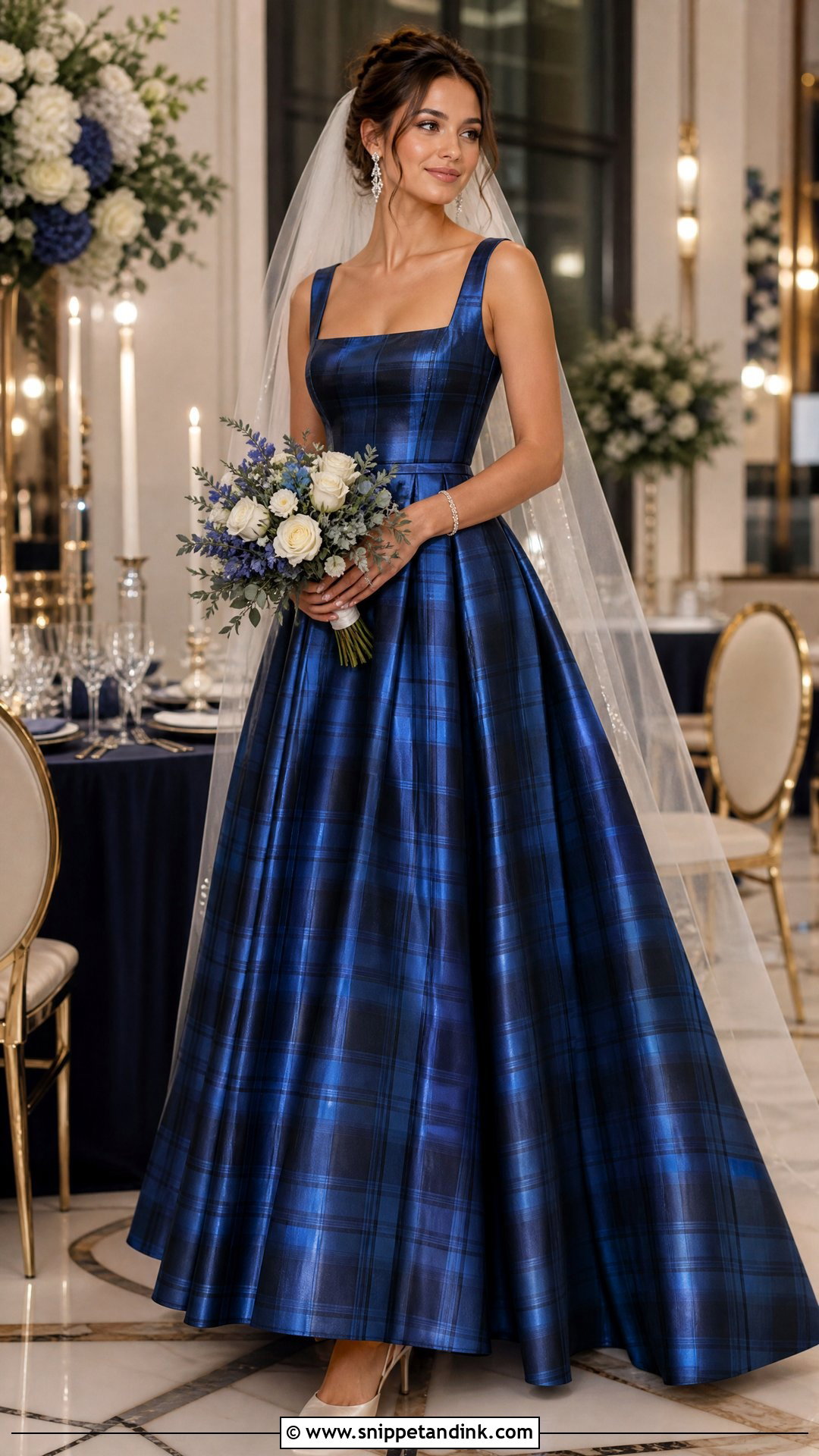 Blue Tartan Satin Wedding Dress - Snippet and Ink - 20 Tartan Wedding Dress Ideas
