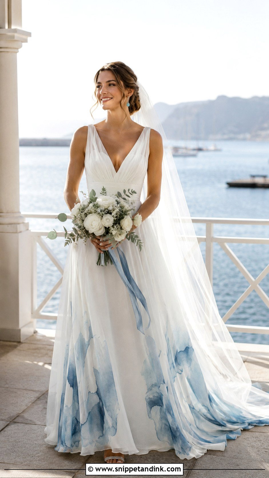 Blue Watercolor Hand Painted Wedding Dress - Snippet and Ink - 20 Hand Painted Wedding Dress Ideas