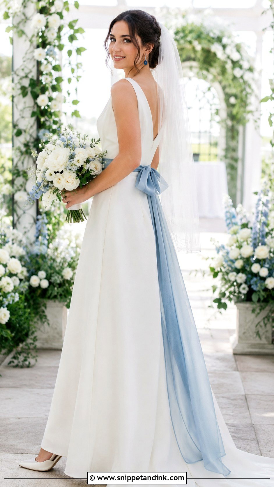 Blue Wedding Dress Sash With Simple A Line Gown - Snippet and Ink - 20 Wedding Dress Belt Ideas