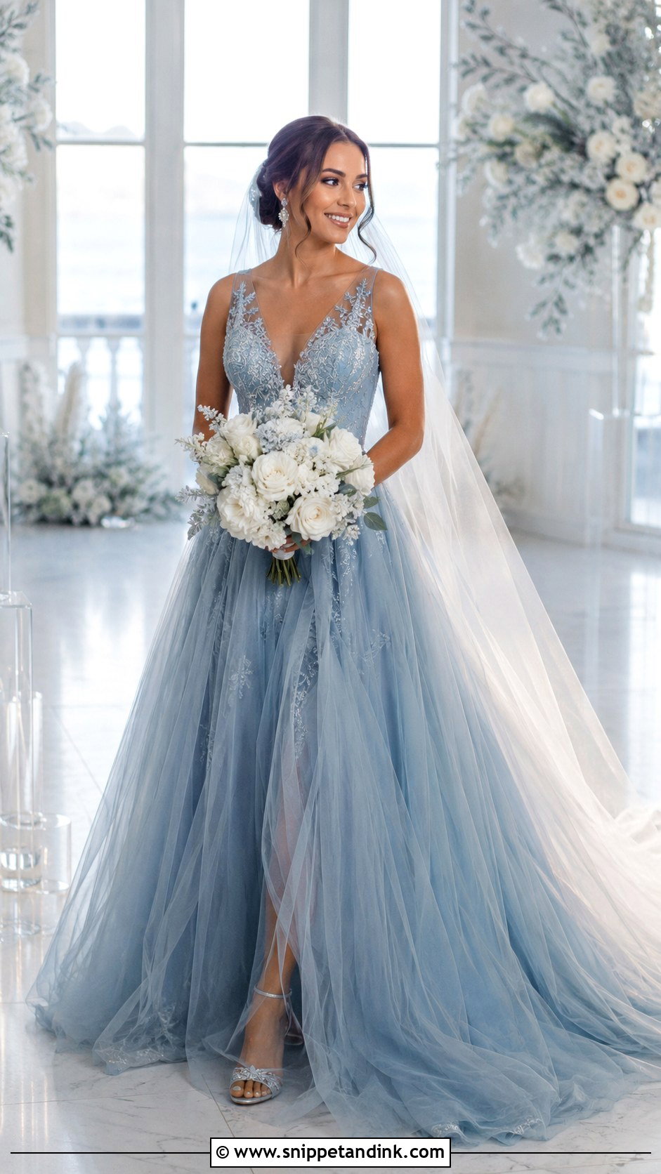 Blue Wedding Dress With Silver Jewelry - Snippet and Ink - 25 Special Wedding Dress Ideas