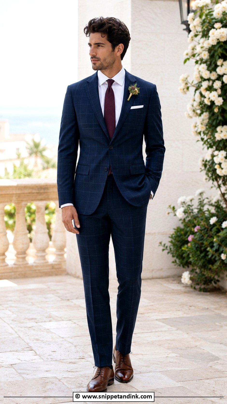 Blue Windowpane Suit With Solid Tie - Snippet and Ink - 30 Blue Suit Wedding Ideas
