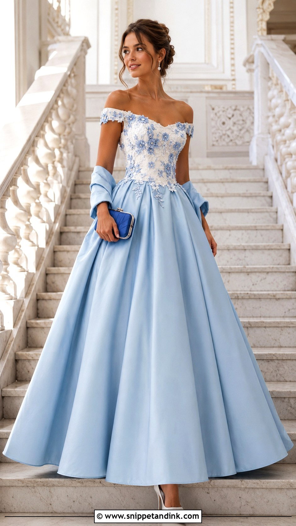 Blue and White Off Shoulder Ball Gown - Snippet and Ink - 20 Blue and White Gown Ideas