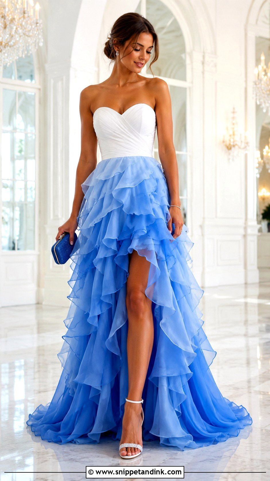 Blue and White Ruffle Gown - Snippet and Ink - 20 Blue and White Gown Ideas
