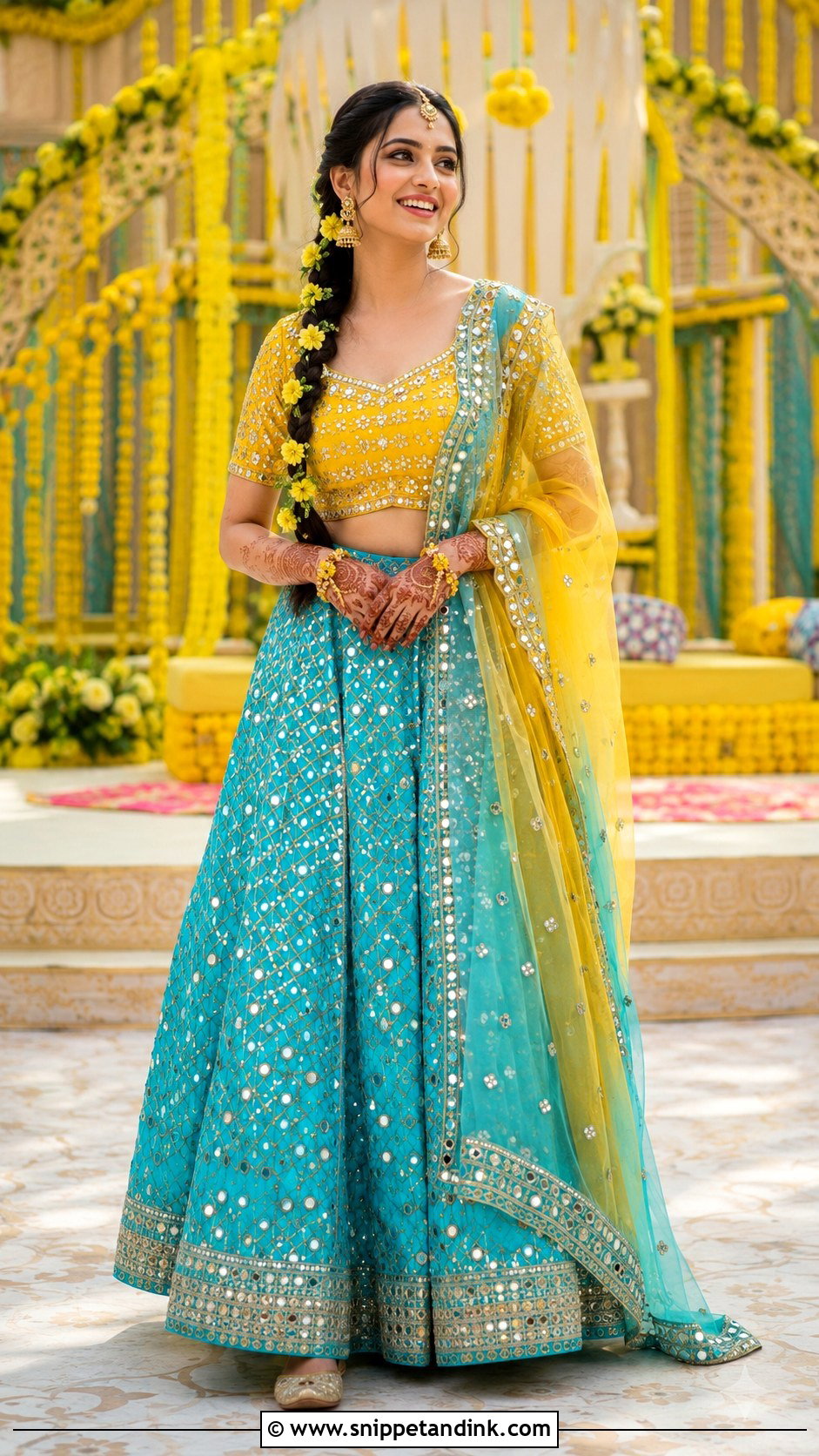 Blue and Yellow Mehendi Lehenga - Snippet and Ink - 20 Bridal Mehendi Dress Ideas