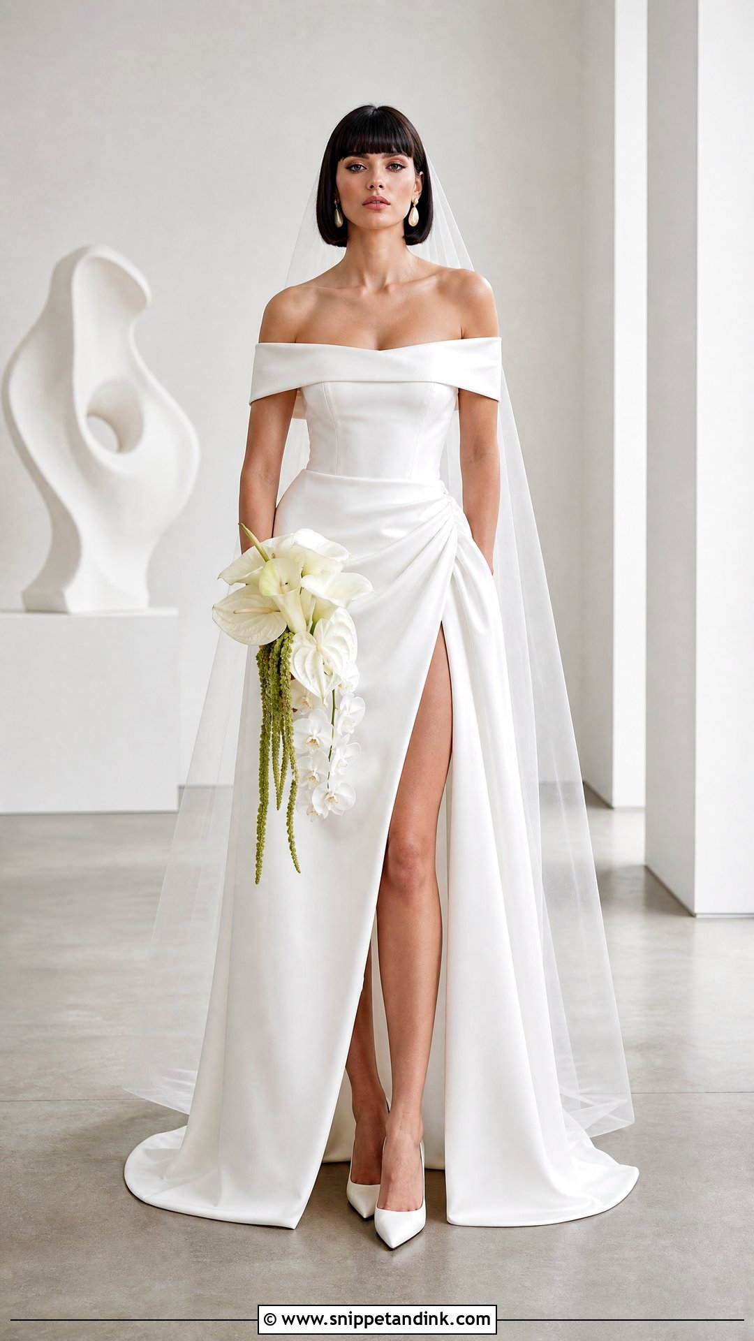 Blunt Bob With Bangs for Off the Shoulder Wedding Dress - Snippet and Ink - 25 Off the Shoulder Wedding Dress Hairstyle Ideas