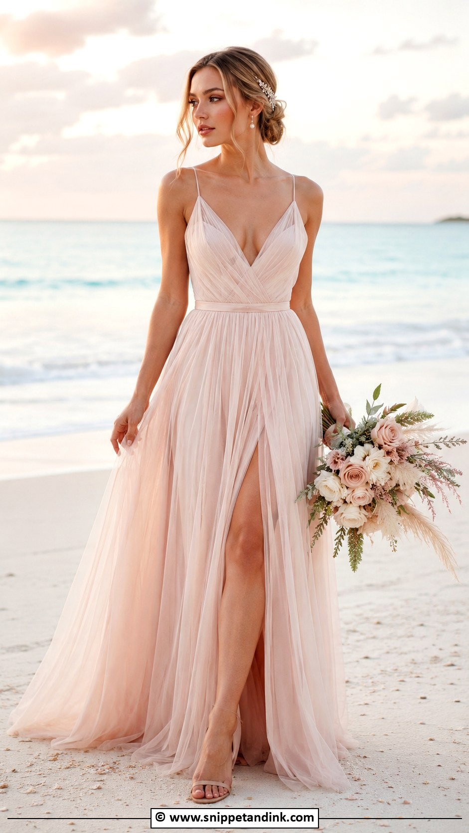 Blush Beach Bridal Dress With Nude Sandals - Snippet and Ink - 30 Beach Bridal Dresses