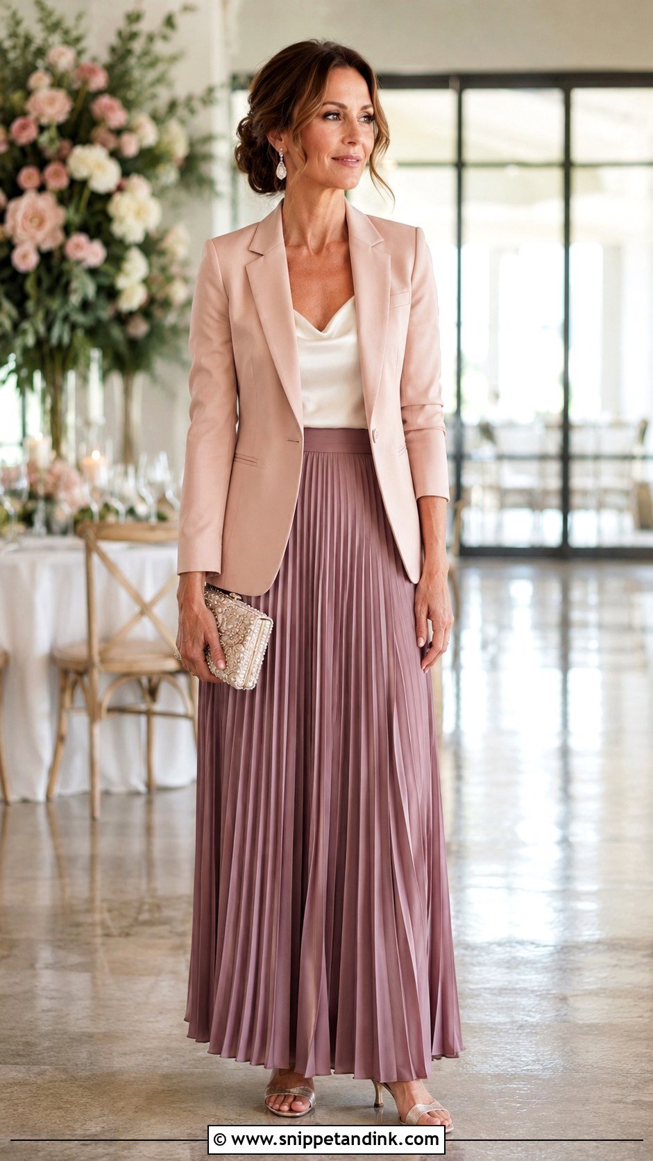 Blush Blazer With Pleated Maxi Skirt - Snippet and Ink - 20 Blazer for Wedding Ideas