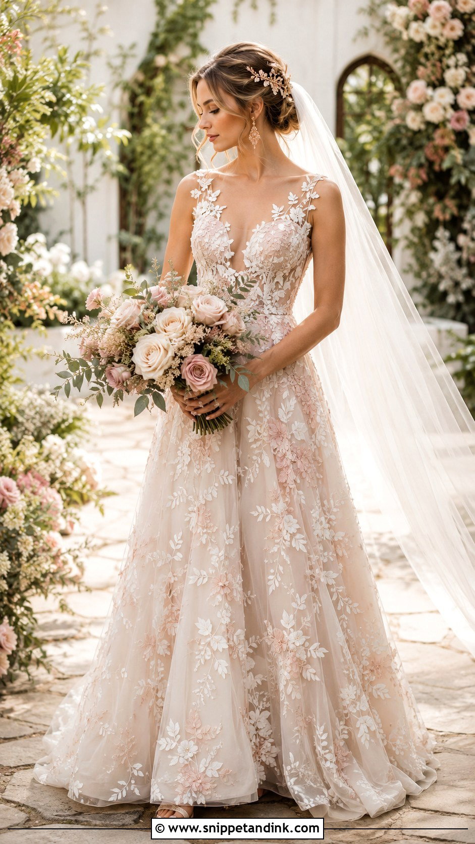 Blush Bohemian Wedding Dress With Botanical Appliques - Snippet and Ink - 20 Earthy Wedding Dress Bohemian Ideas