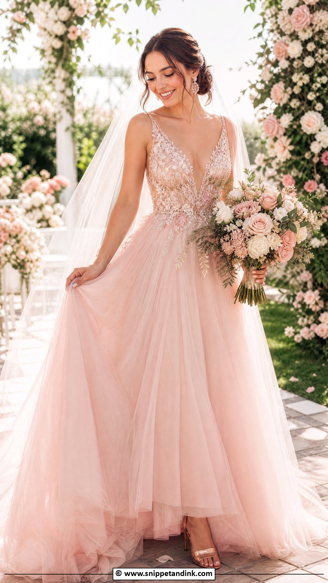 Blush Bridal Gown With Rose Gold Accessories - Snippet and Ink - 35 Bridal Gown Ideas
