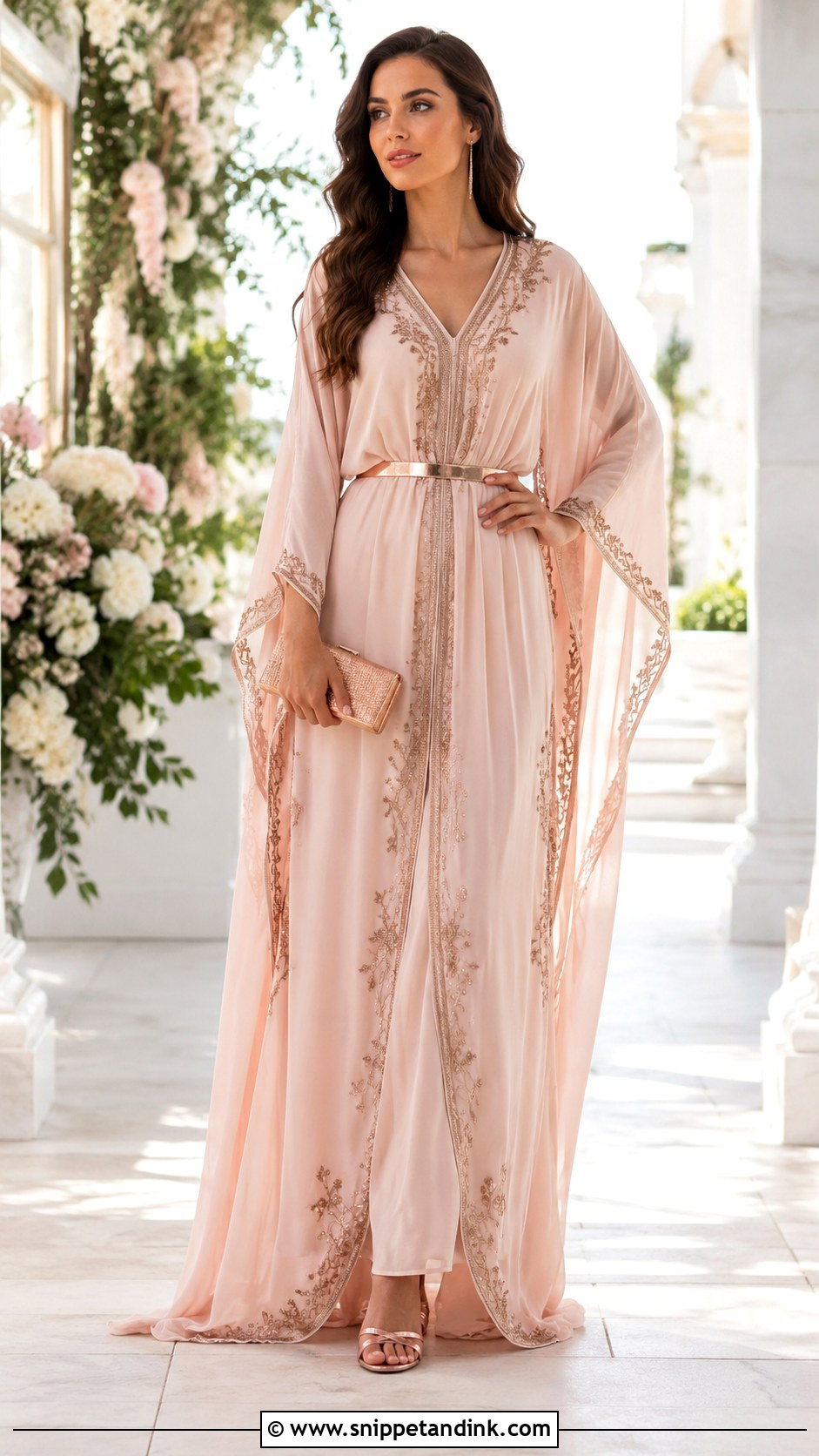 Blush Bridal Kaftan With Rose Gold Details - Snippet and Ink - 20 Bridal Kaftan Ideas