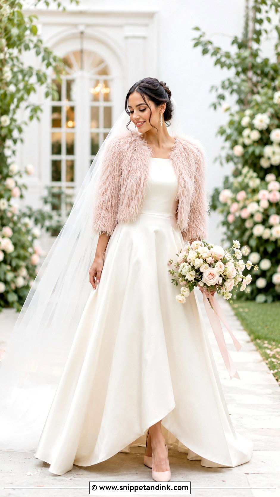 Blush Bridal Shrug With Ivory Wedding Dress - Snippet and Ink - 20 Bridal Shrug Ideas