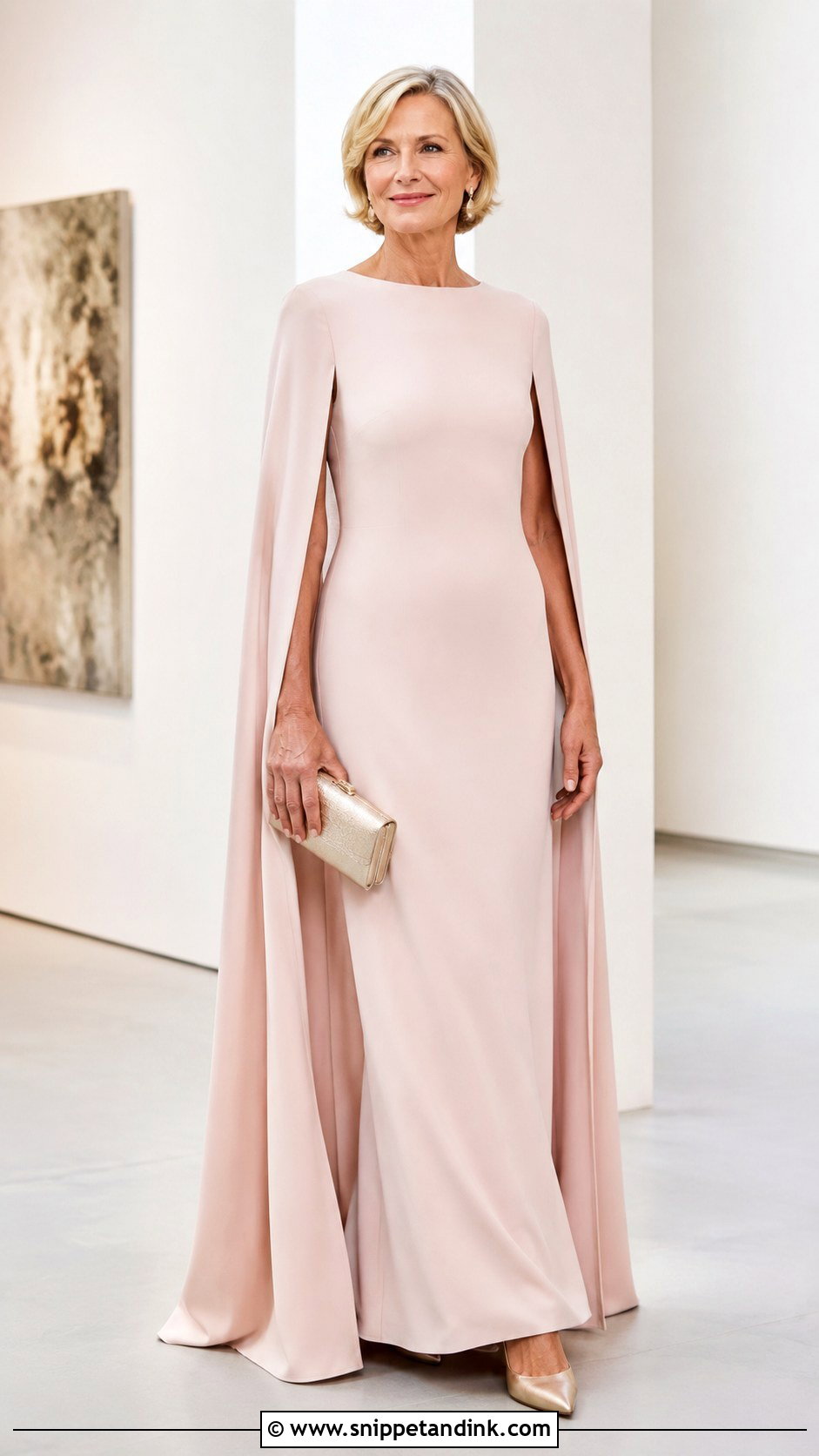 Blush Cape Sleeve Gown Outfit - Snippet and Ink - 20 Blush Gown Ideas