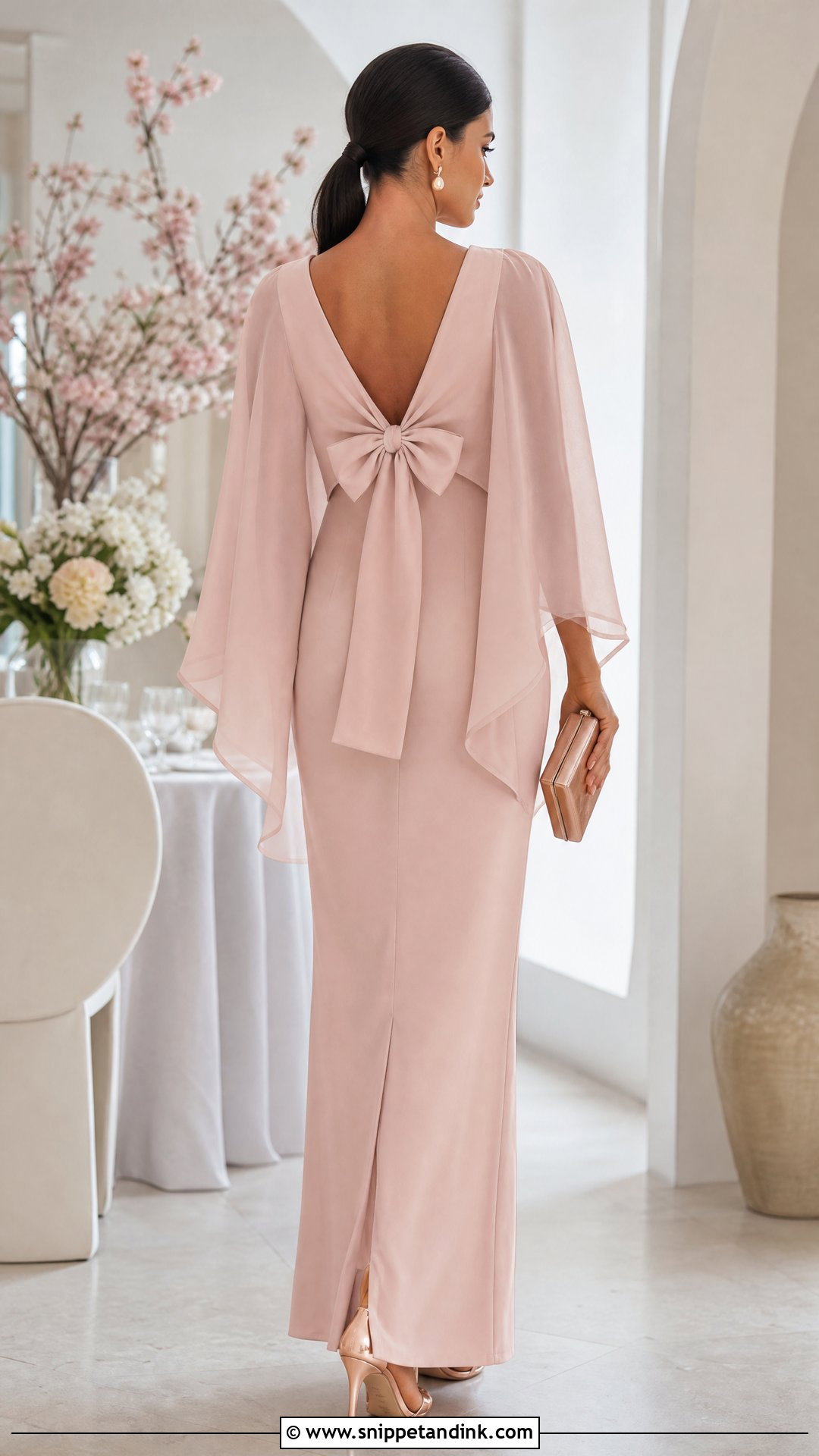 Blush Cape Sleeve Gown With Back Bow - Snippet and Ink - 20 Gown with Bow At the Back Ideas
