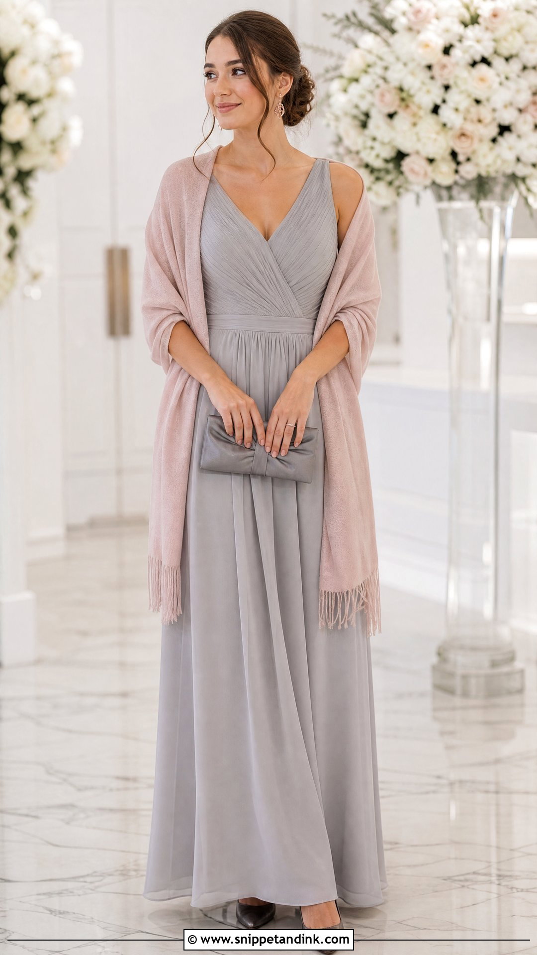 Blush Cashmere Shawl With Gray Bridesmaid Dress - Snippet and Ink - 20 Winter Wedding Shawl Ideas