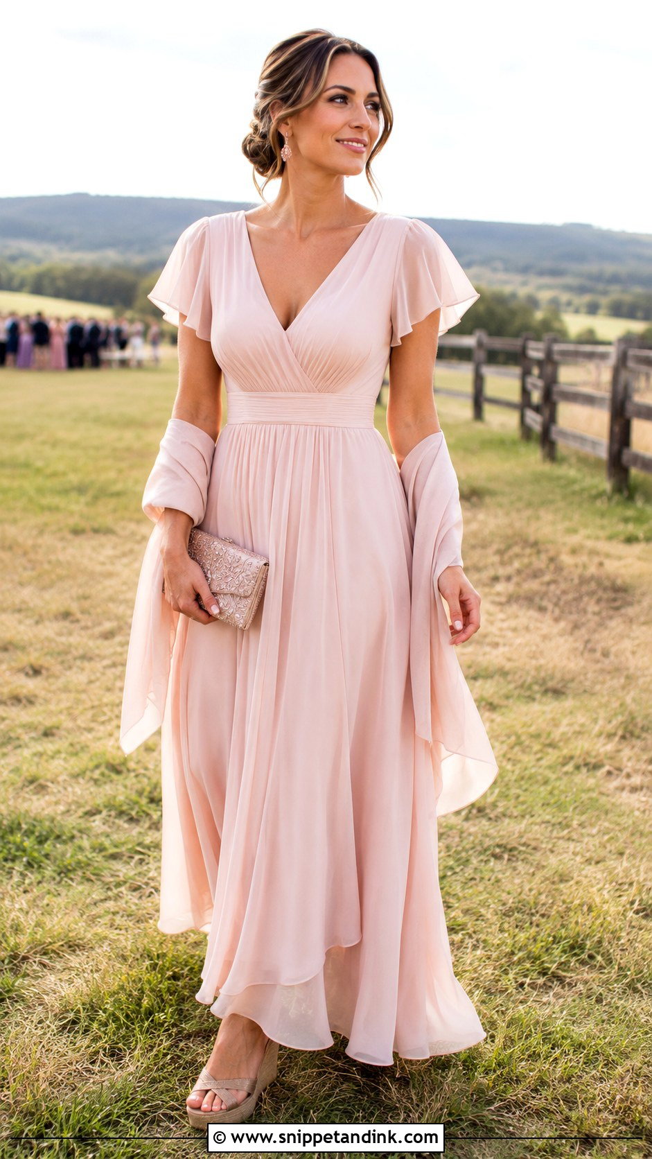 Blush Chiffon Maxi Dress Country Wedding Outfit - Snippet and Ink - 20 Country Wedding Outfits