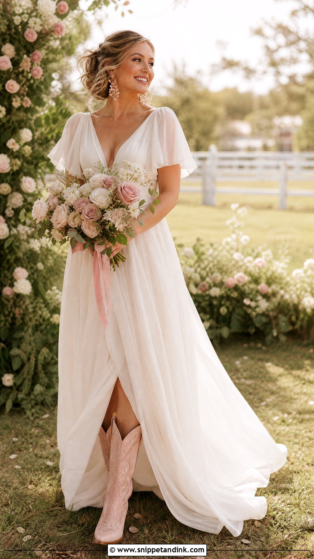 Blush Cowgirl Boots With Chiffon Wedding Dress - Snippet and Ink - 20 Wedding Cowgirl Boots for Bride Ideas