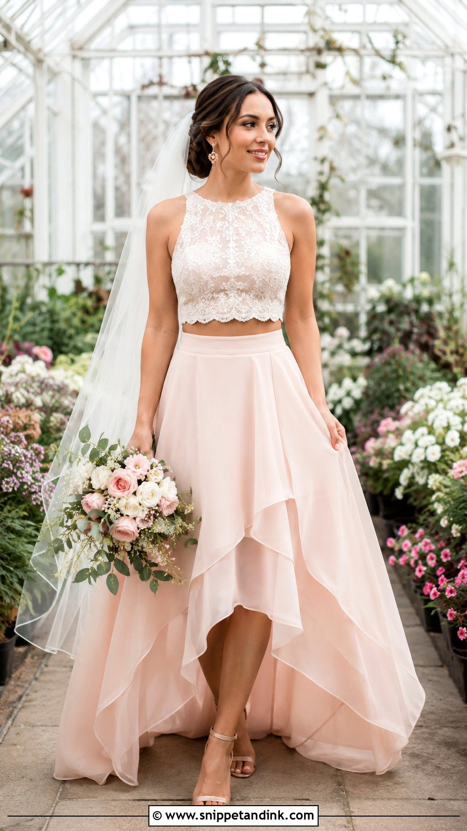 Blush Crop Top Wedding Dress With Chiffon Skirt - Snippet and Ink - 20 Crop Top Wedding Dress Ideas