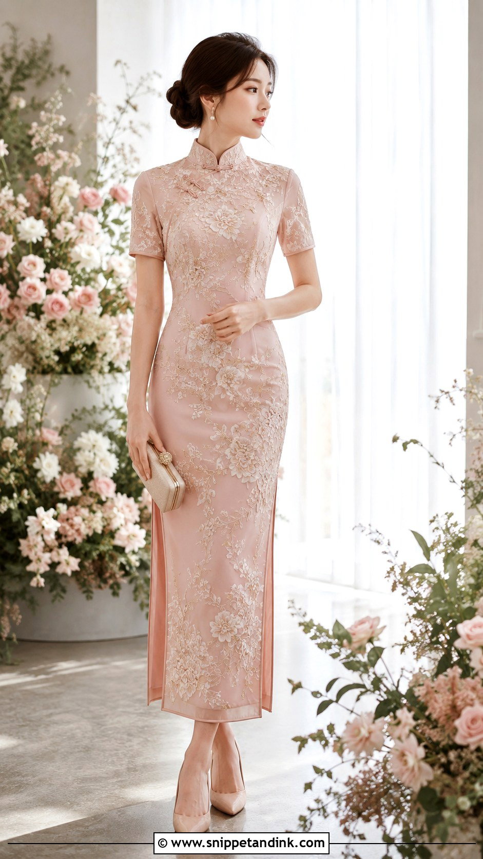 Blush Embroidered Qipao Chinese Wedding Outfit - Snippet and Ink - 20 Chinese Wedding Outfits