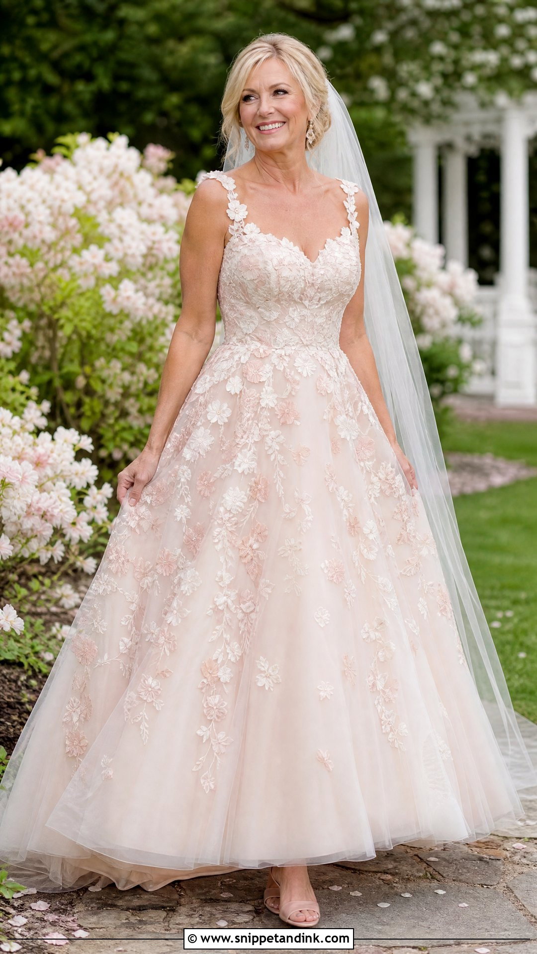 Blush Floral Applique Wedding Dress - Snippet and Ink - 20 Wedding Dresses for 50 Year Olds Brides