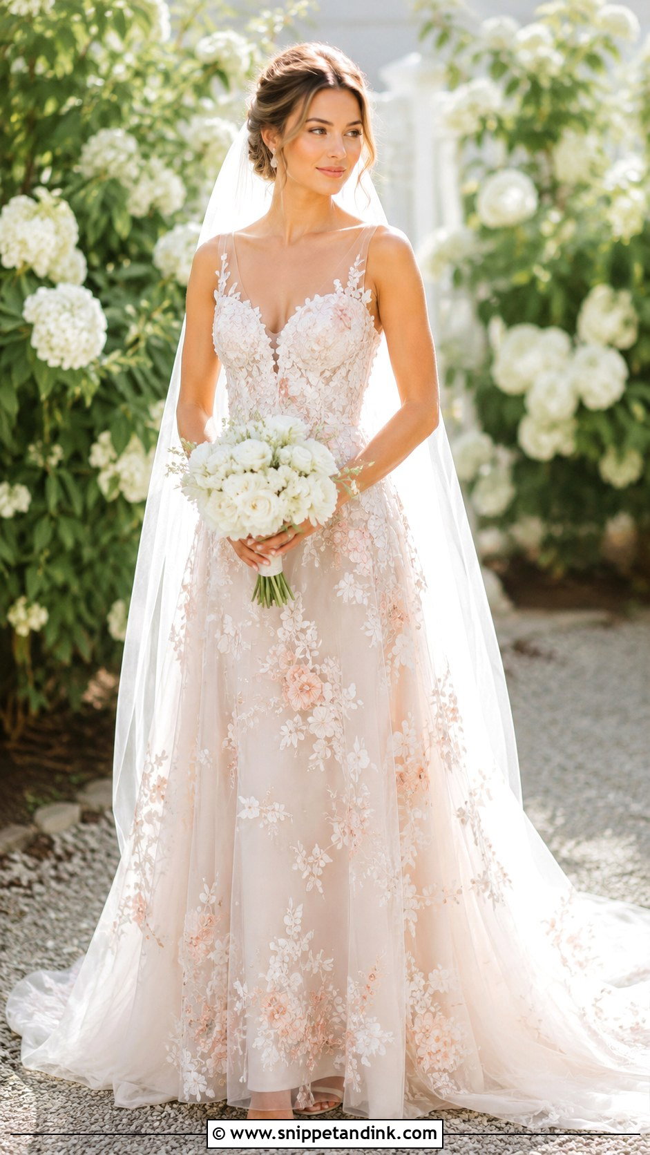 Blush Floral Applique Wedding Dress - Snippet and Ink - 20 Blush Wedding Dresses