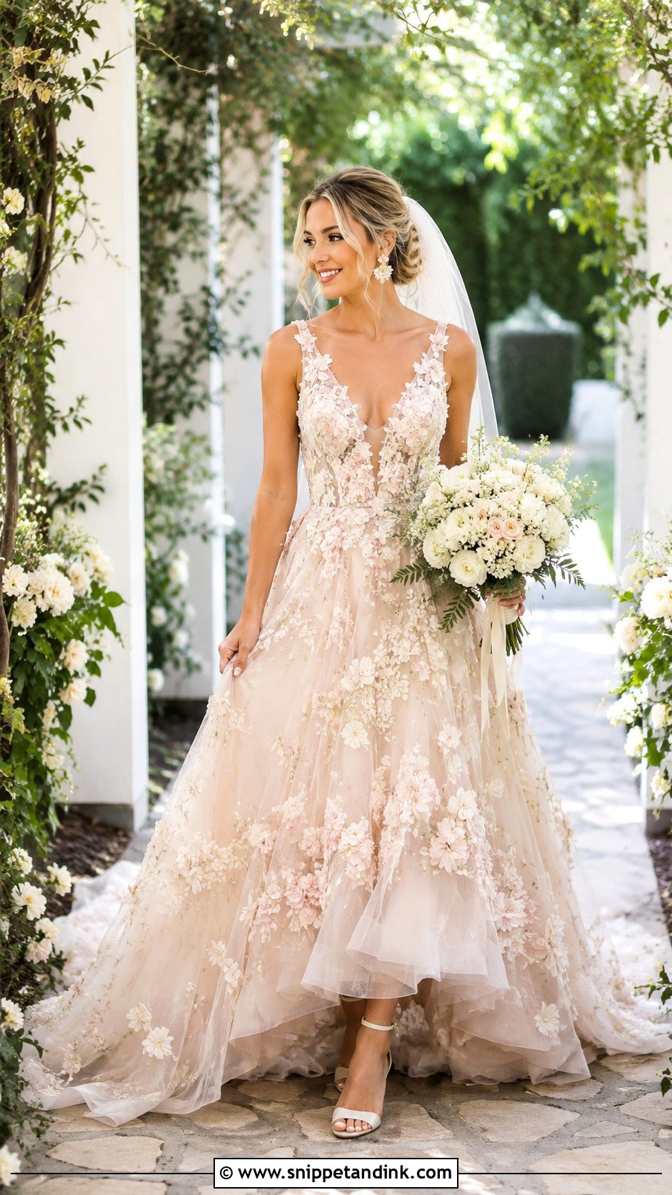 Blush Floral Applique Wedding Gown - Snippet and Ink - 20 Blush Wedding Gown Ideas